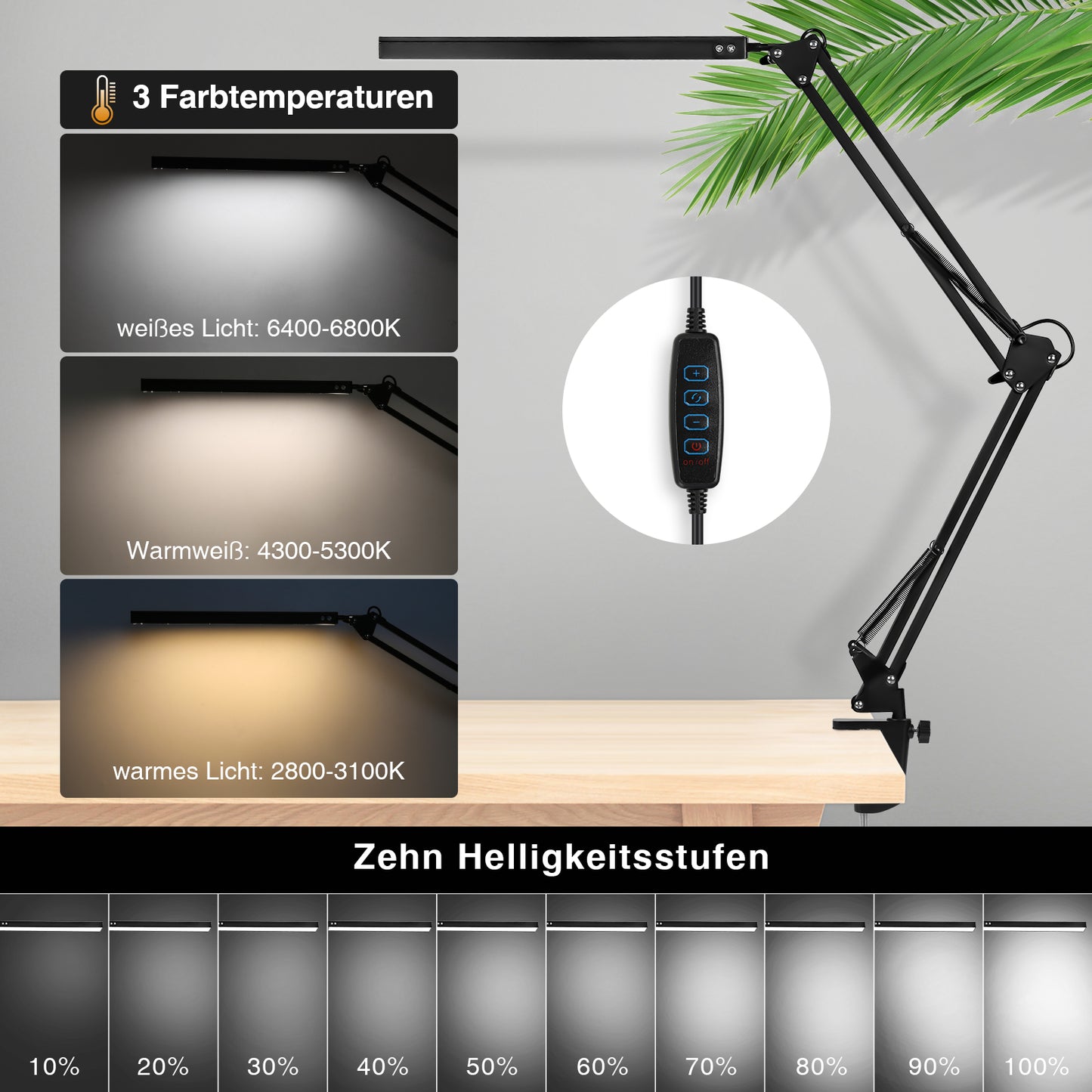 LED Schreibtischlampe, 10W Klemmleuchte, Dimmbar Tischlampe