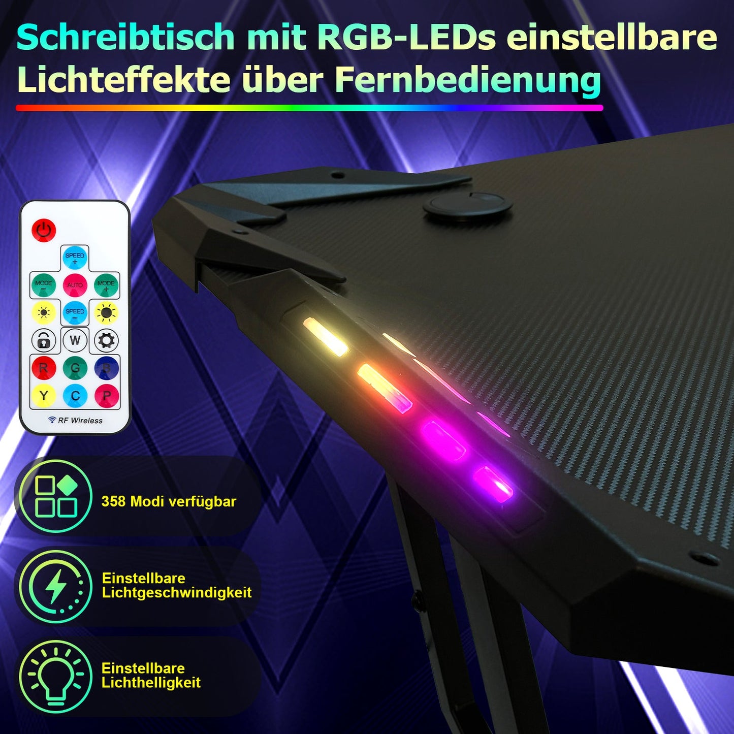 Gaming Schreibtisch 120/140 cm, Gaming Tisch mit LED, Computertisch