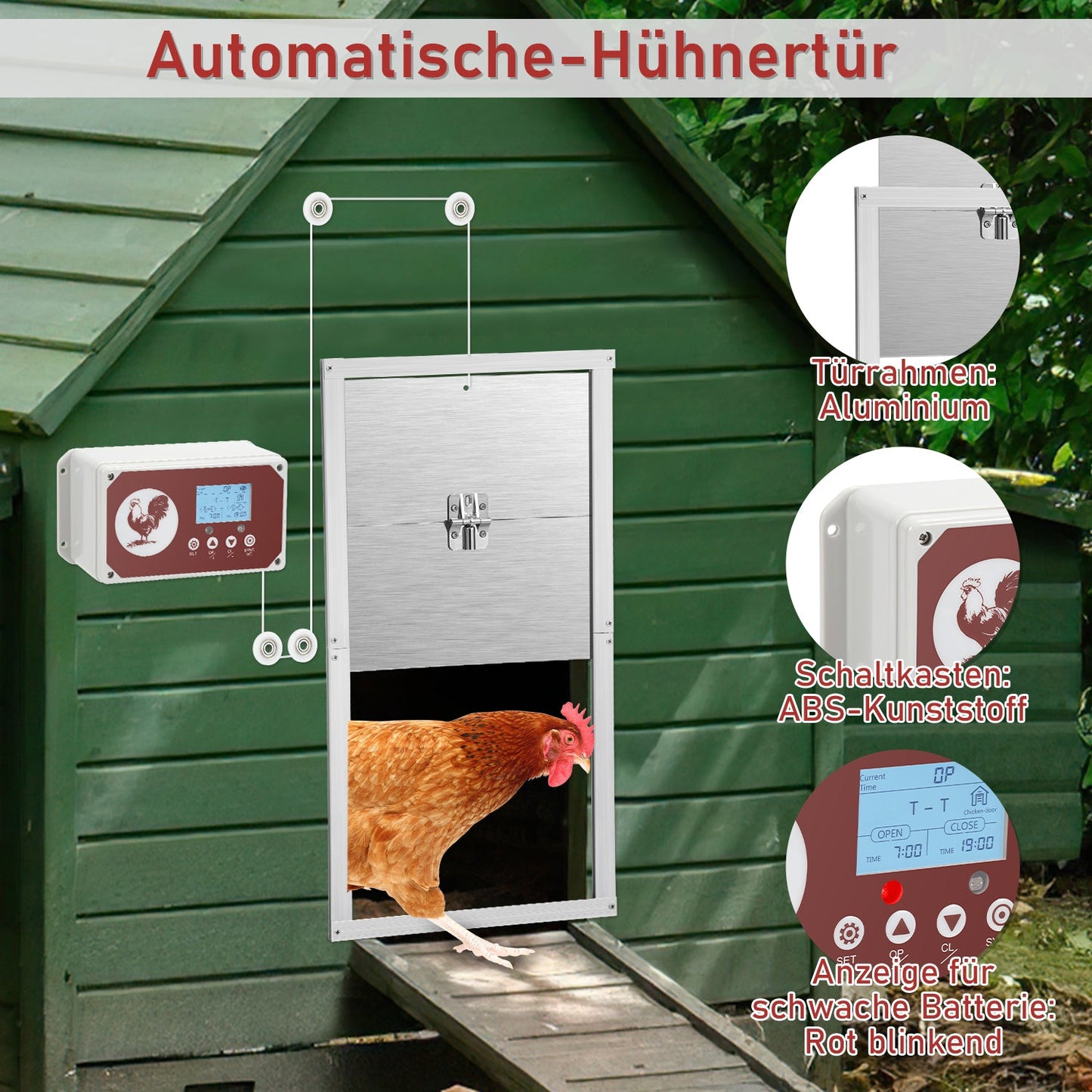 Automatische Hühnerklappe mit Lichtsensor, Zeitschaltuhr, LED Display