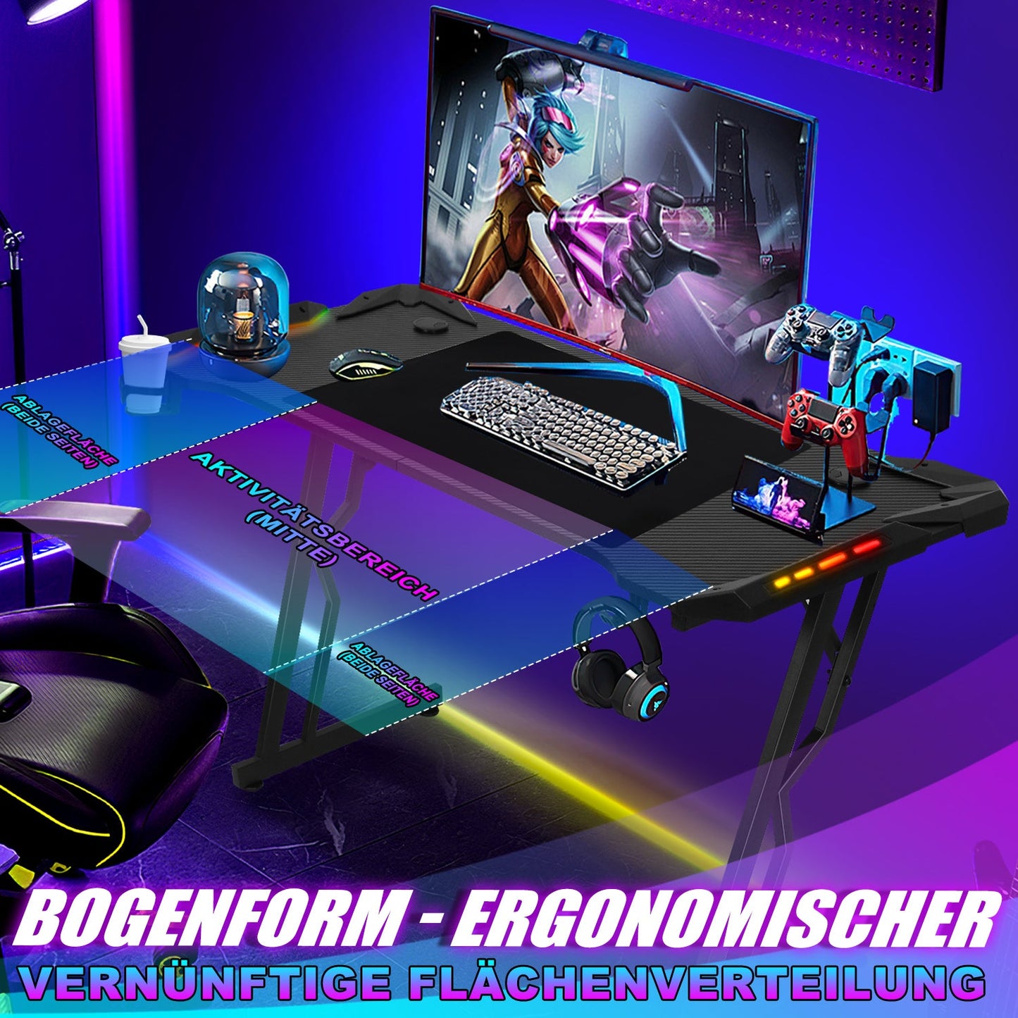 Gaming Schreibtisch Gaming Tisch 120/140cm mit LED Fernbedienung