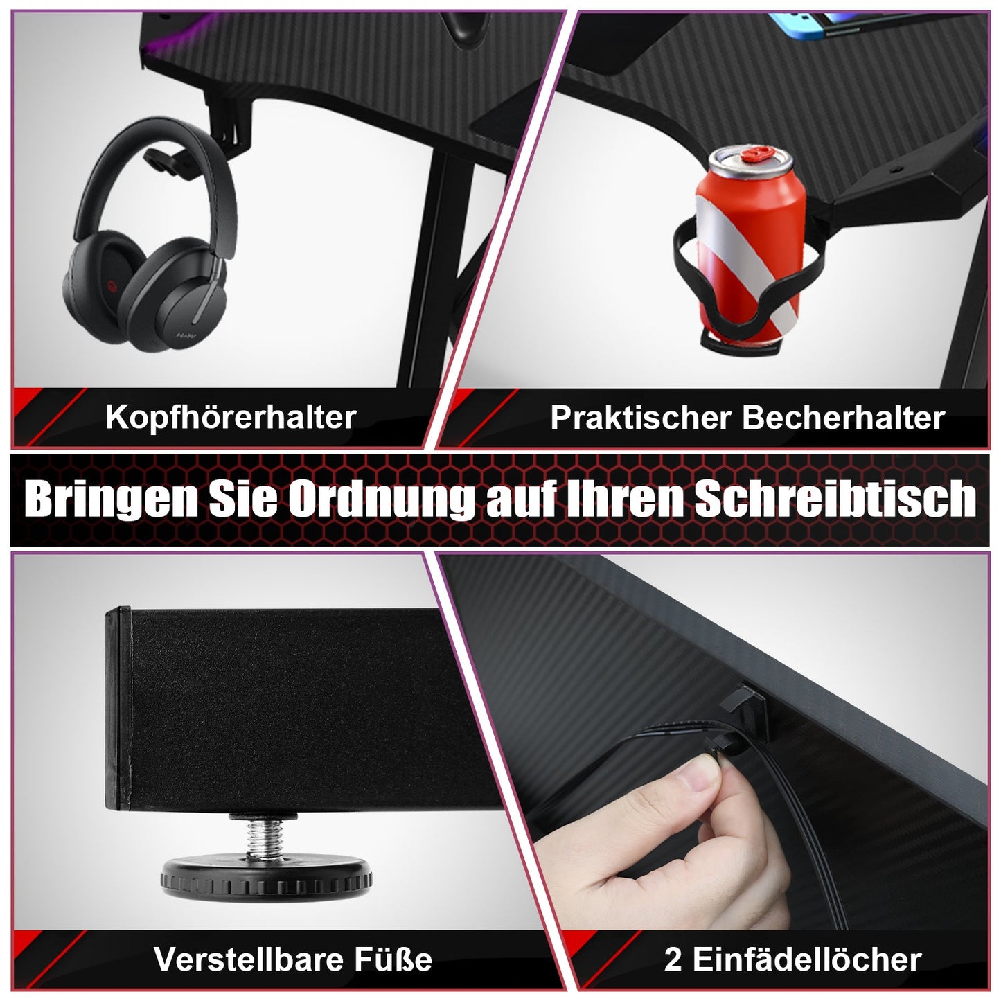 Gaming Schreibtisch, 120/140cm Ergonomischer Computertisch