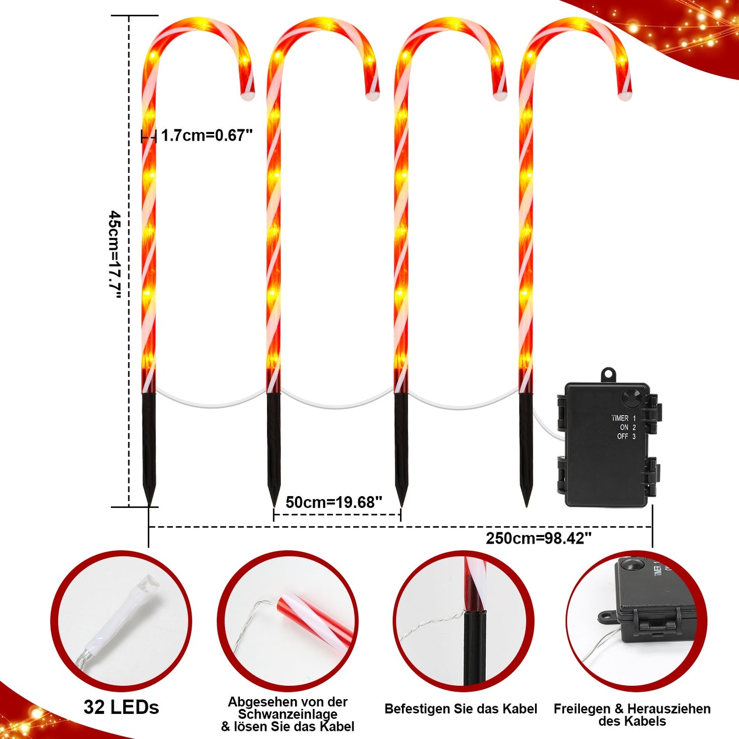4x LED Zuckerstangen Weihnachtsdeko Außenleuchte