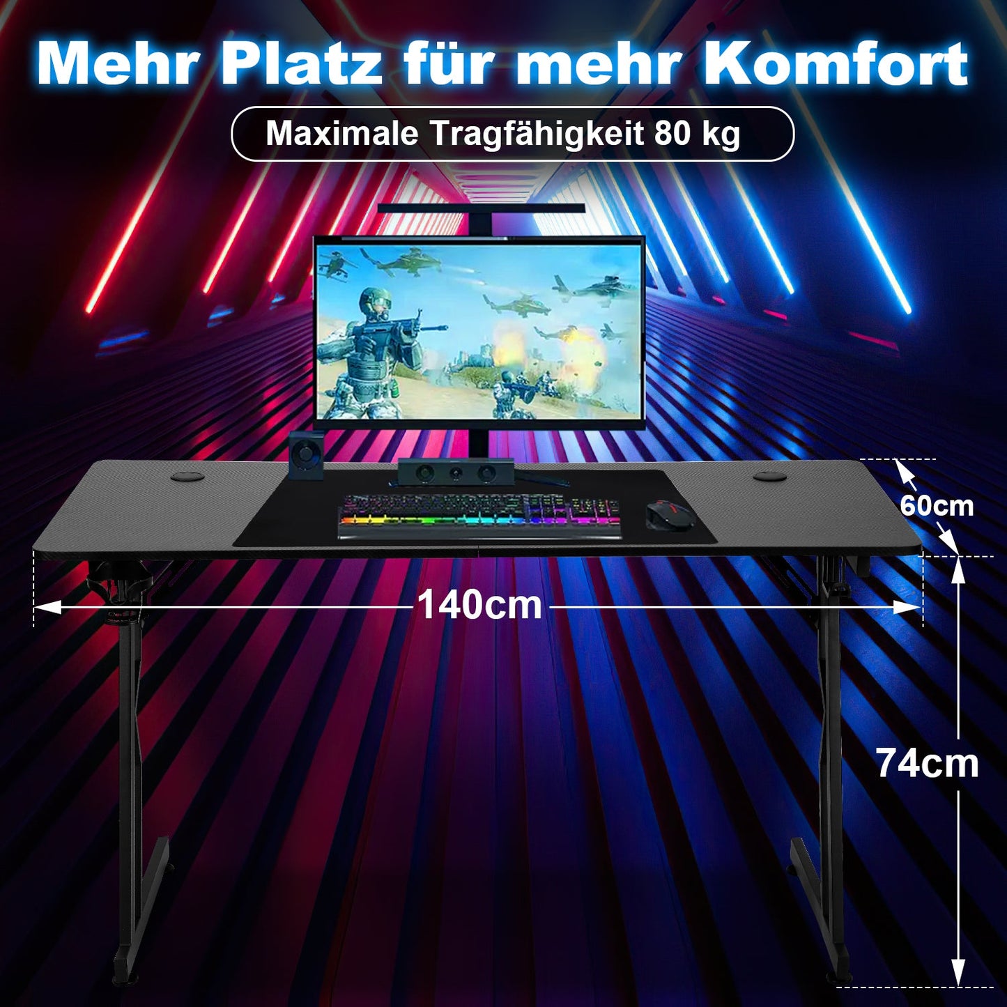 Gaming Schreibtisch 120/140 cm, Gaming Tisch mit LED, Computertisch