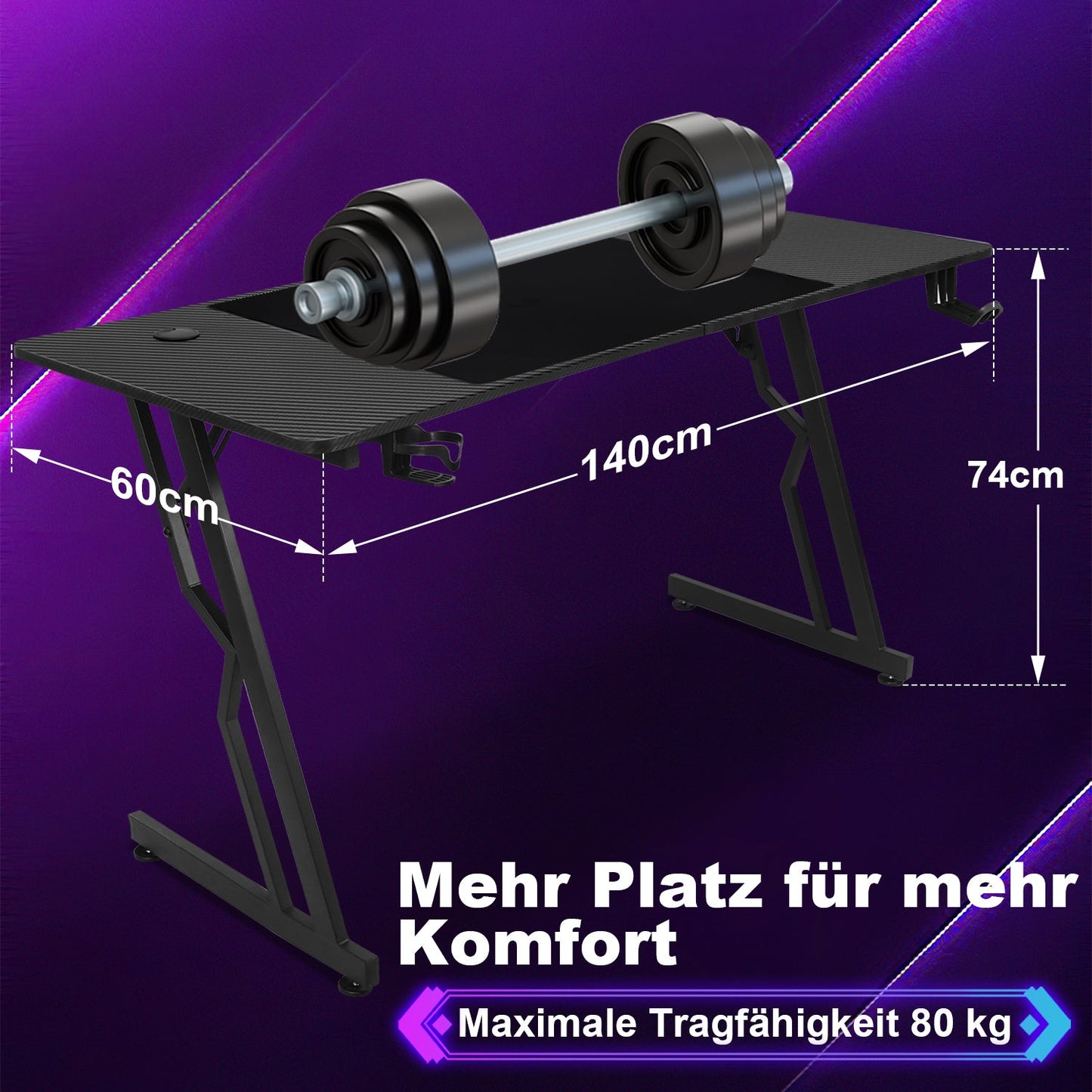 Gaming Schreibtisch, 120/140cm Ergonomischer Computertisch