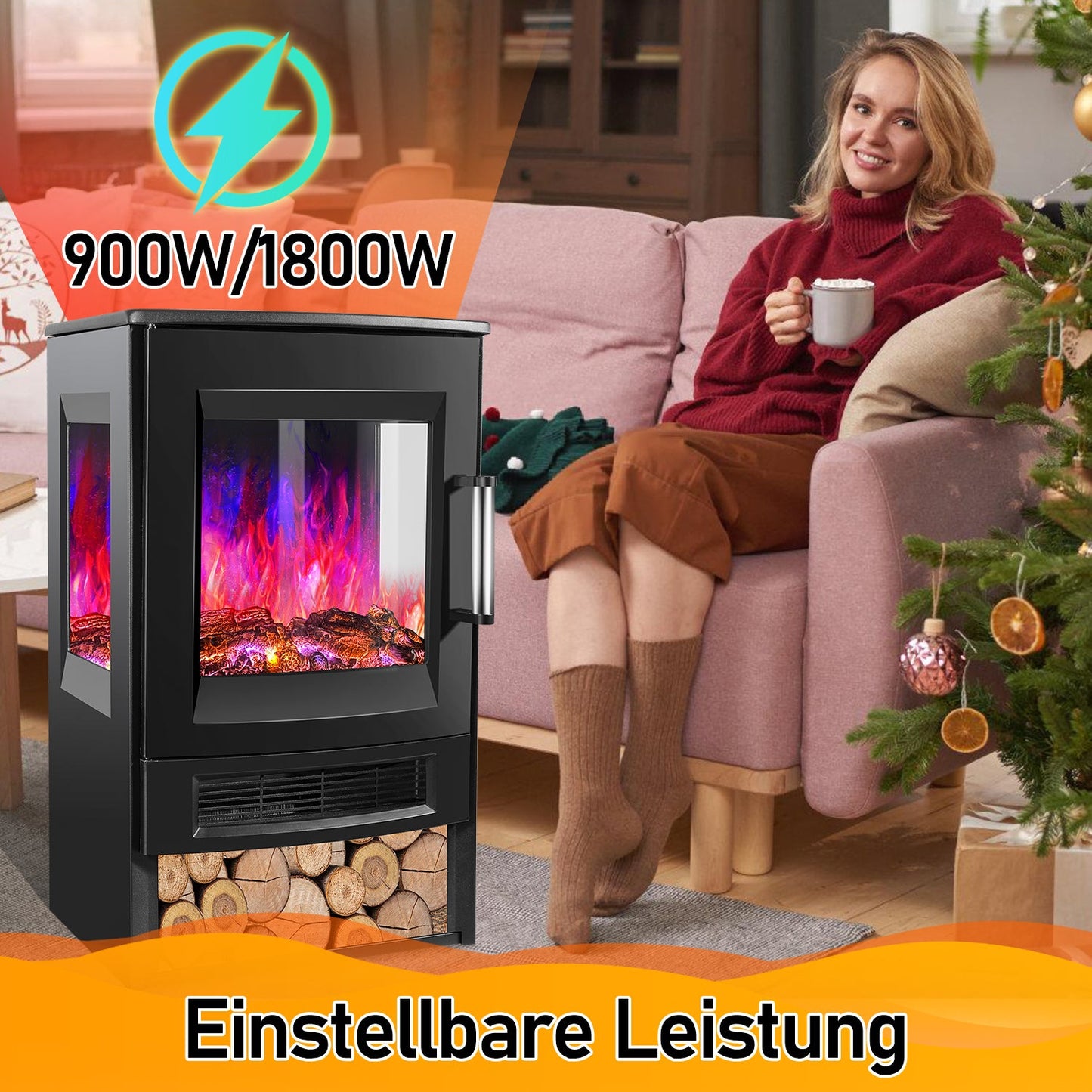 Elektrokamin mit LED Flammenm WiFi Fernbedienung 900W/1800W