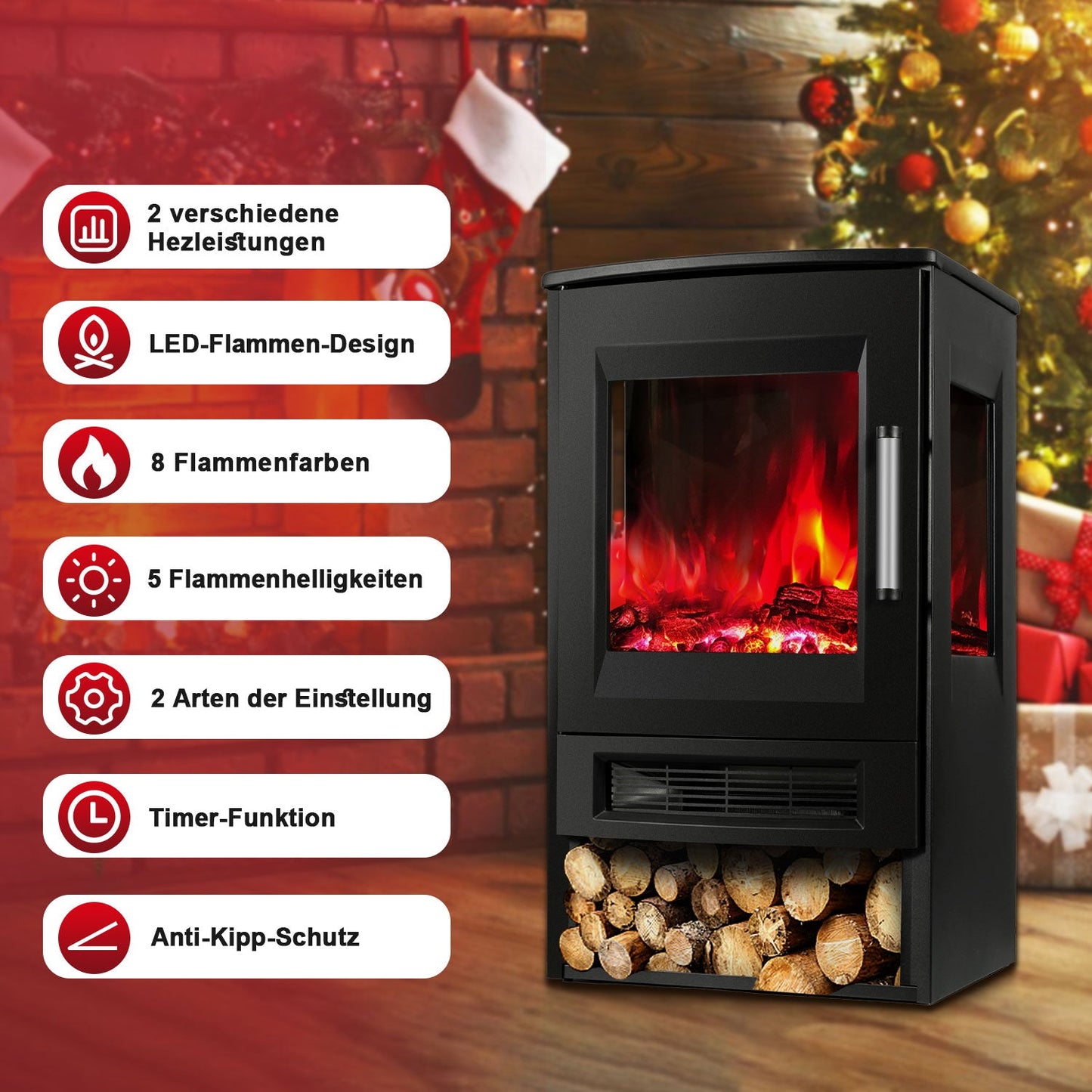 Elektrokamin mit LED Flammenm WiFi Fernbedienung 900W/1800W