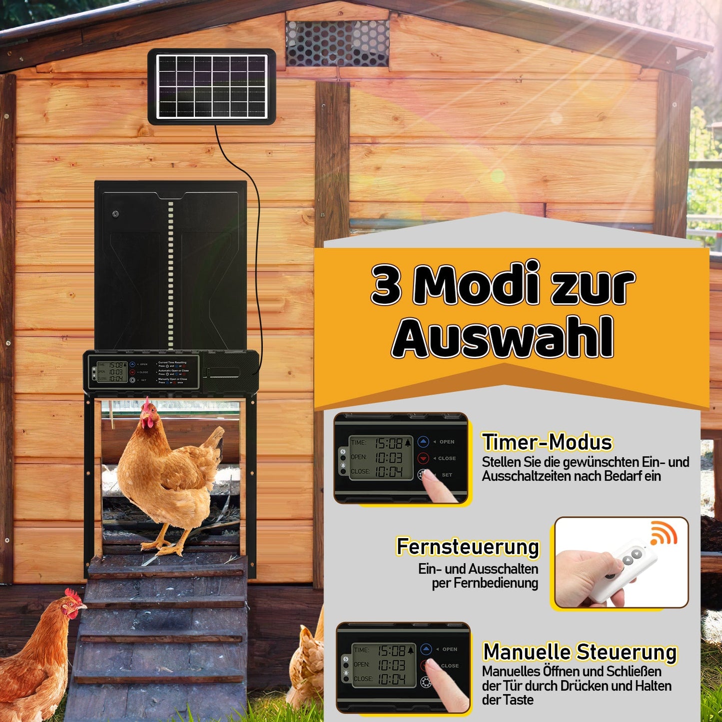 Elektrische Hühnerklappe Solar mit LED Display und Fernbedienung