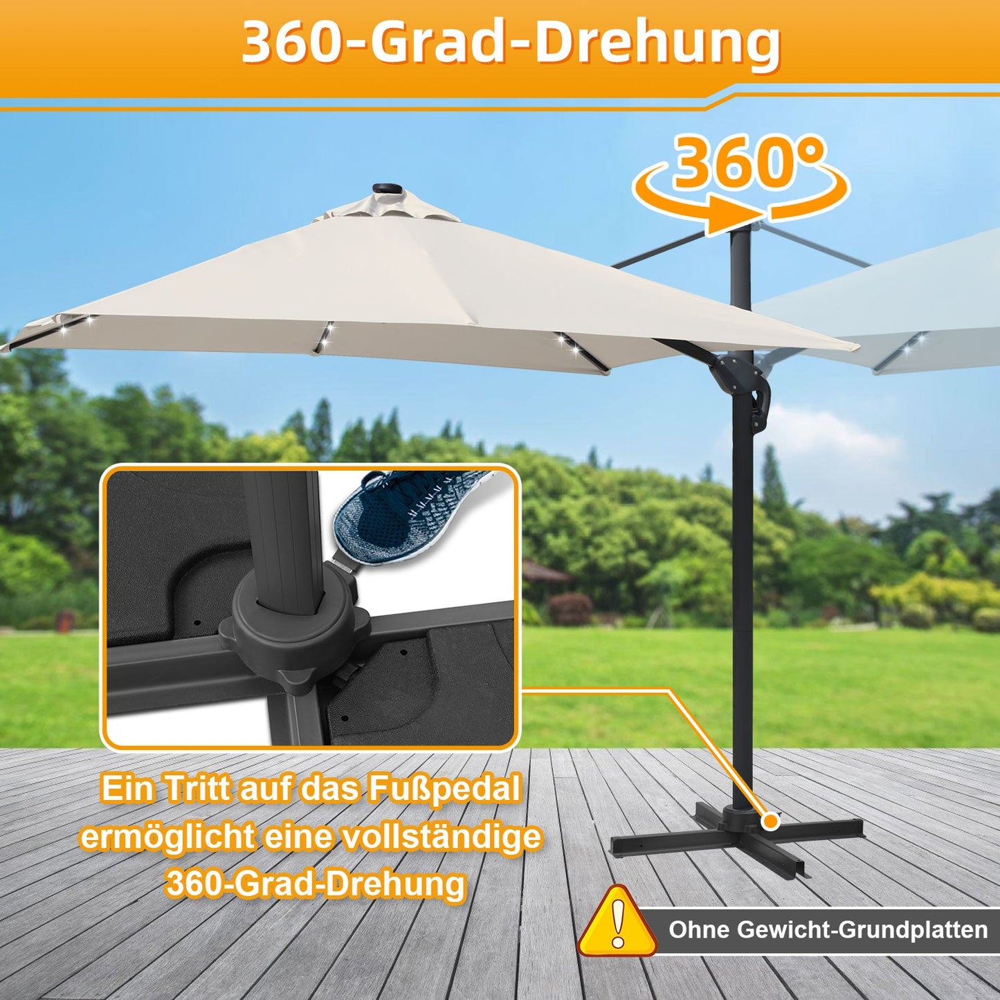 Ampelschirm 300 x 300 cm Sonnenschirm 360° Drehbar mit Solar-LED