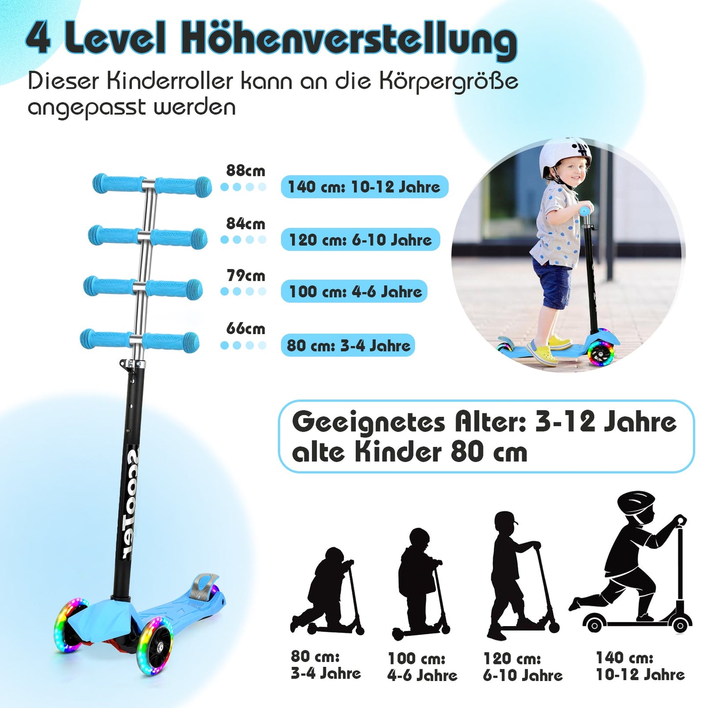 Kinderroller Kinderscooter mit LED Räder
