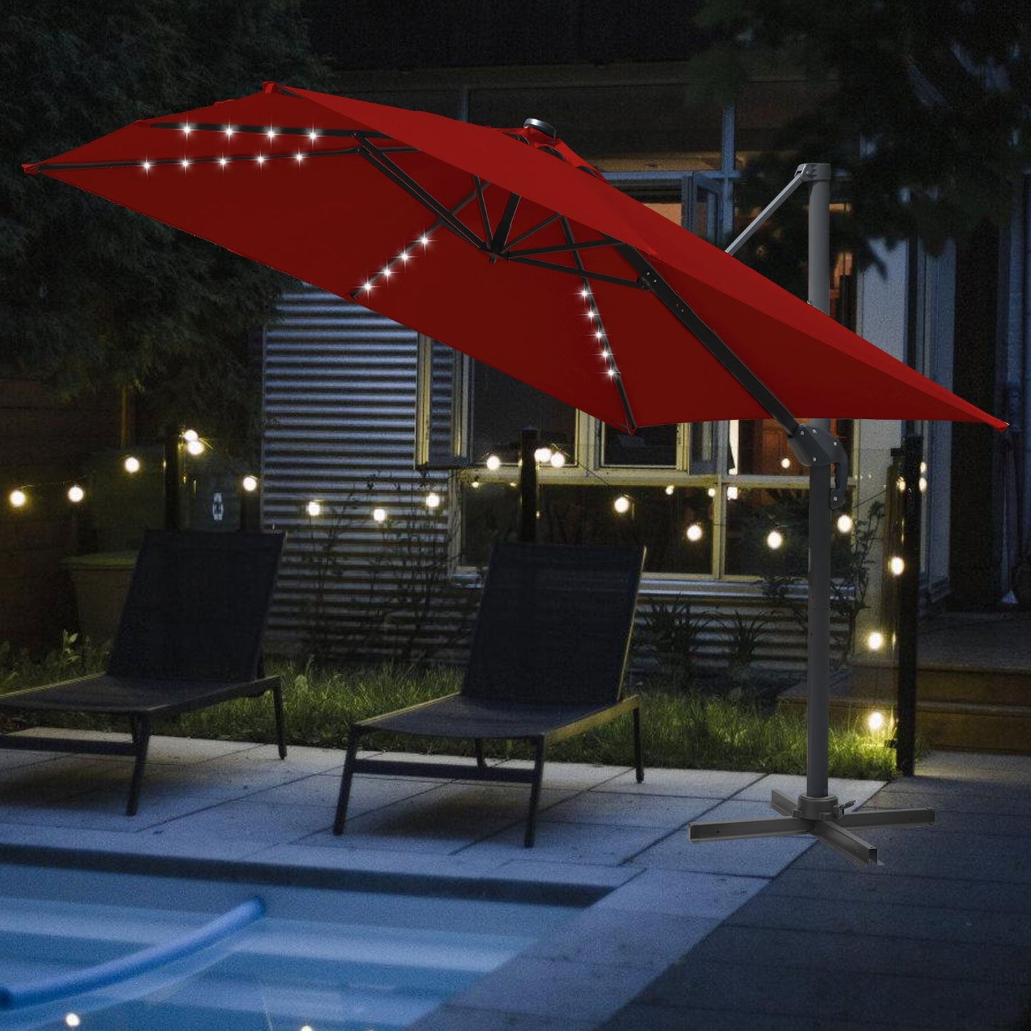 Ampelschirm 300 x 300 cm Sonnenschirm 360° Drehbar mit Solar-LED