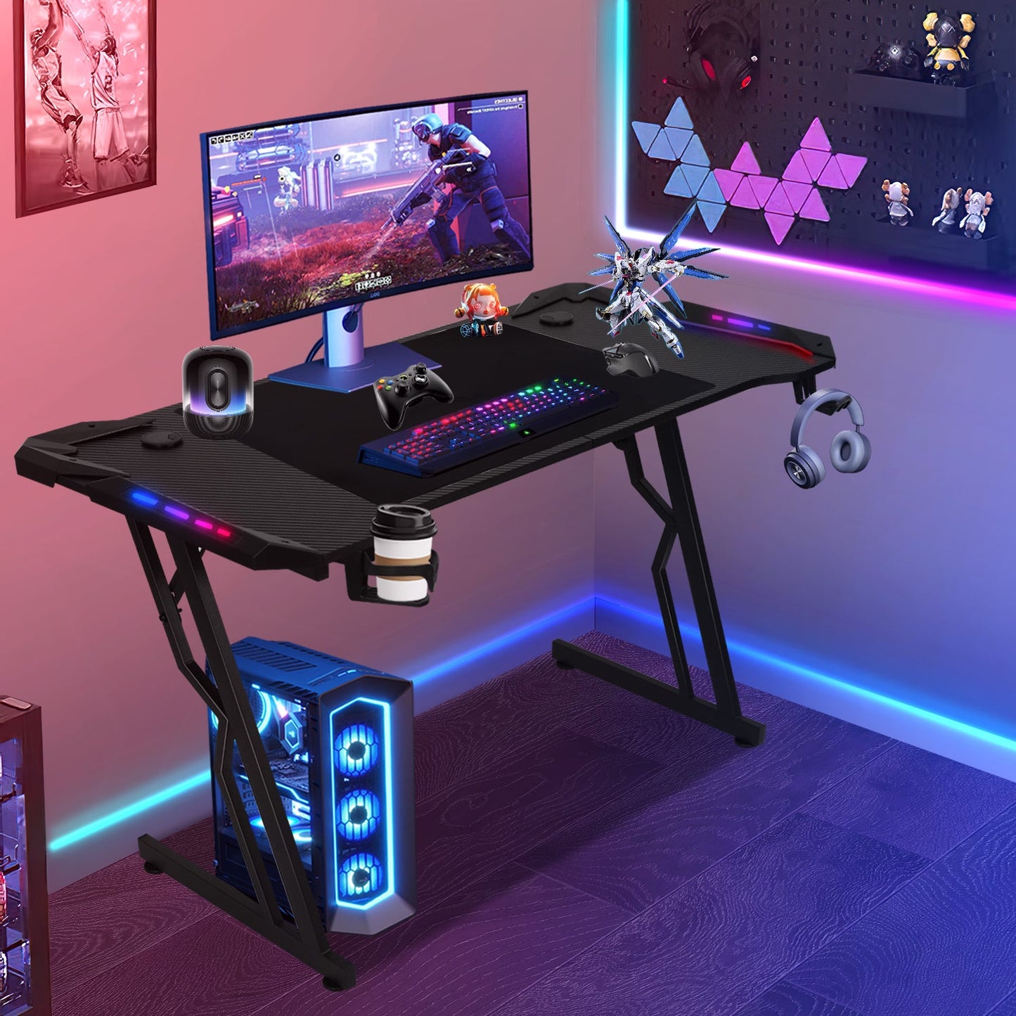 Gaming Schreibtisch Gaming Tisch 120/140cm mit LED Fernbedienung