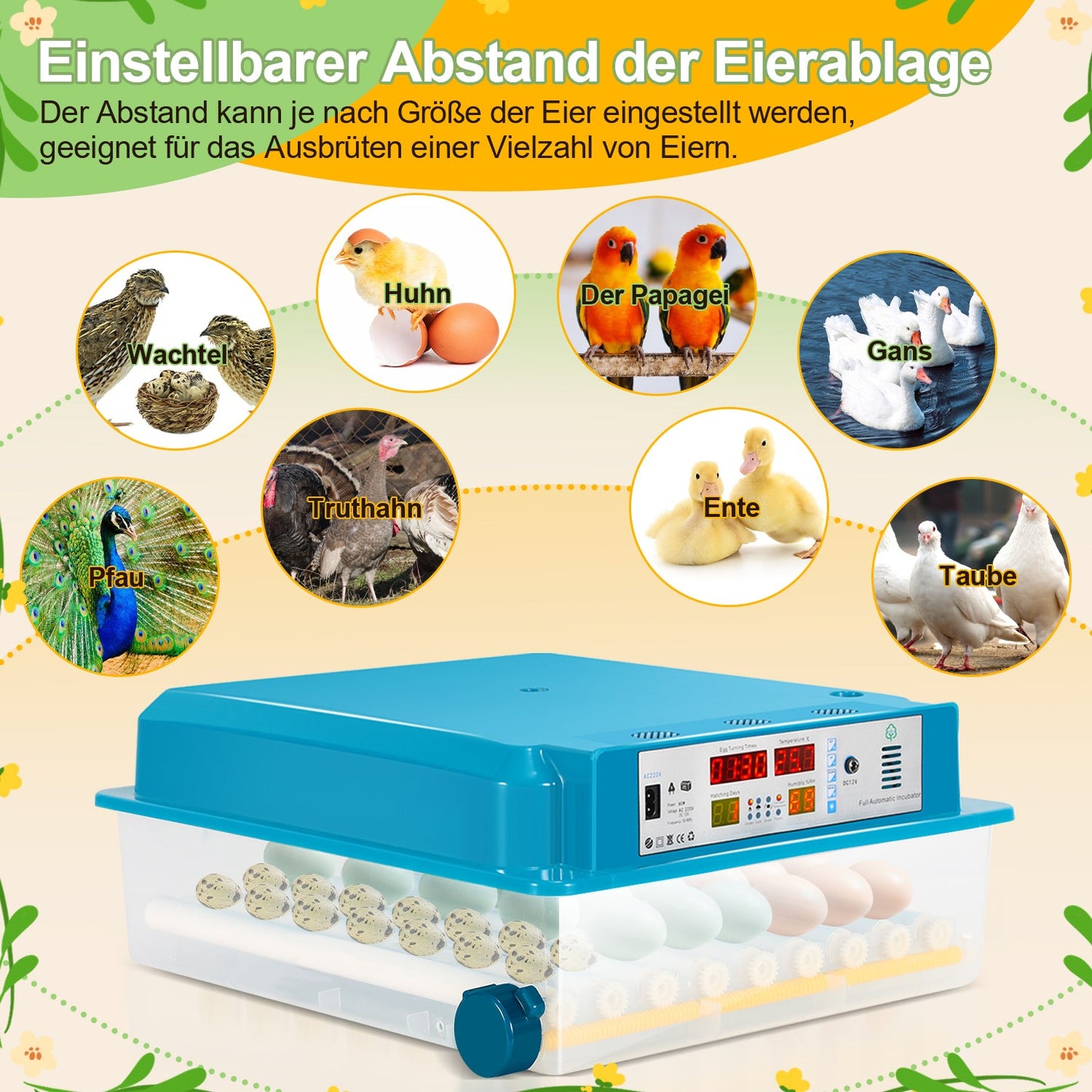 Brutautomat Vollautomatisch Inkubator für Hühner 64 Eier