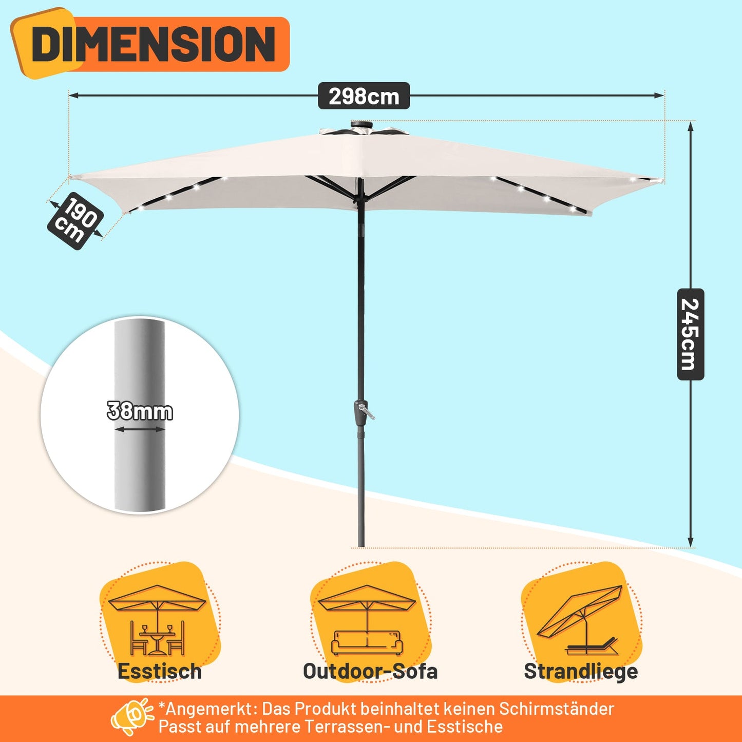Sonnenschirm 210x140 / 300x200cm Rechteckig mit LED Solar