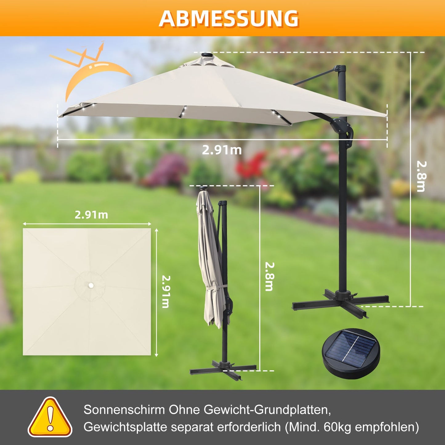 Ampelschirm 300 x 300 cm Sonnenschirm 360° Drehbar mit Solar-LED