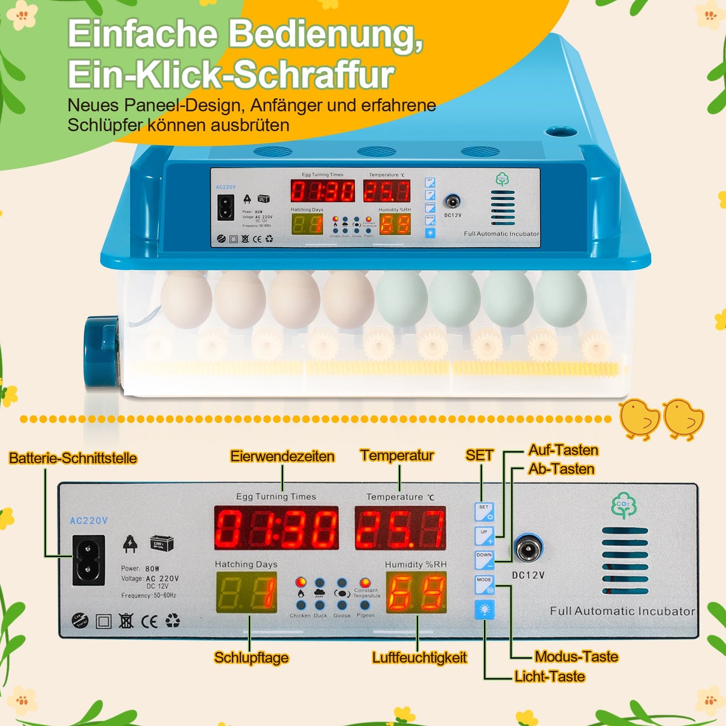 Brutautomat Vollautomatisch Inkubator für Hühner 64 Eier