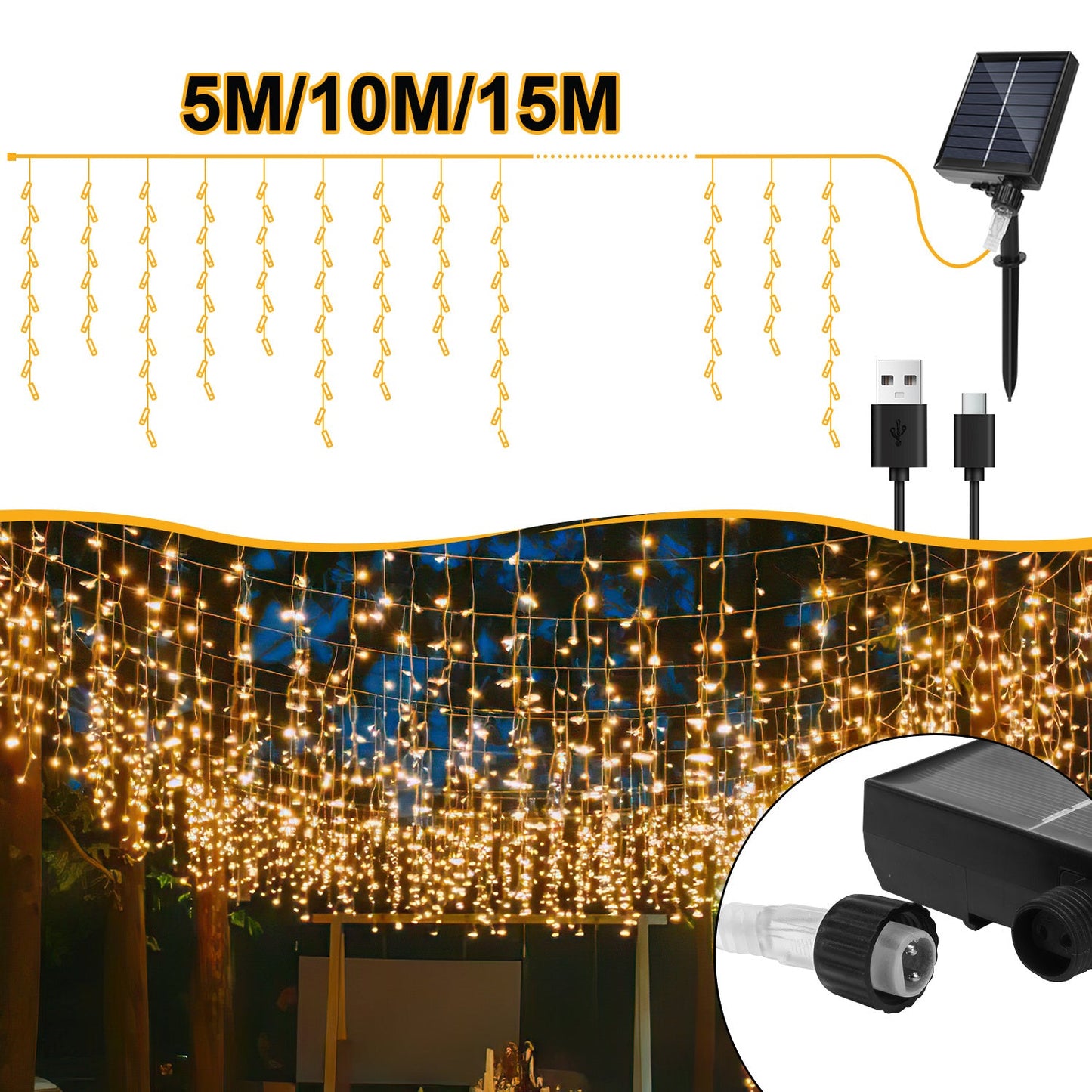 Solar Eisregen Lichterkette mit Fernbedienung 5m-15m