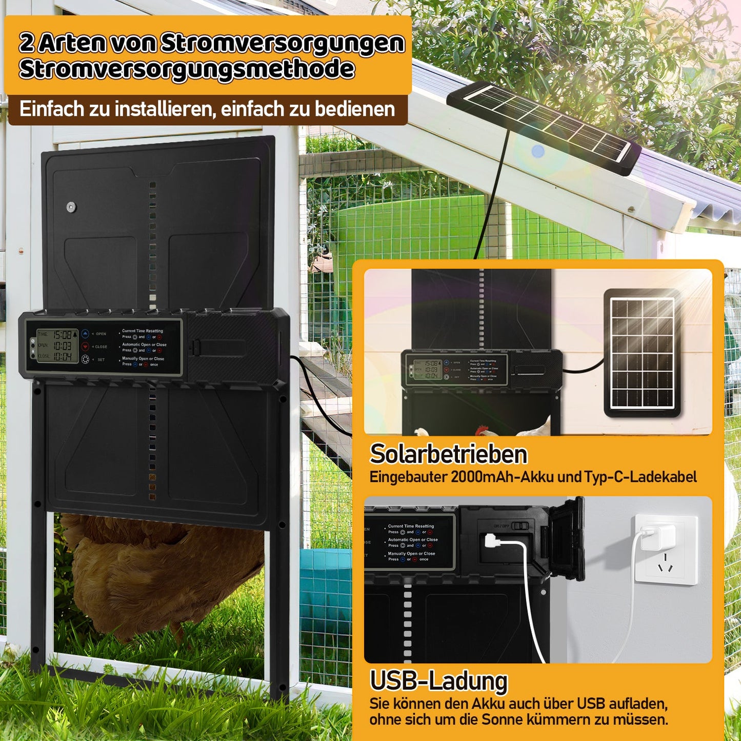 Elektrische Hühnerklappe Solar mit LED Display und Fernbedienung