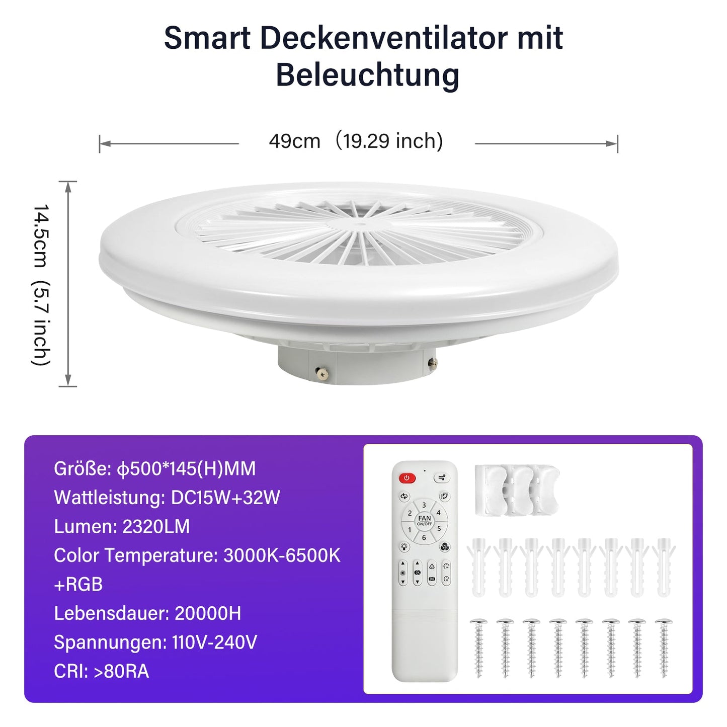 Deckenventilator mit Beleuchtung RGB mit Fernbedienung