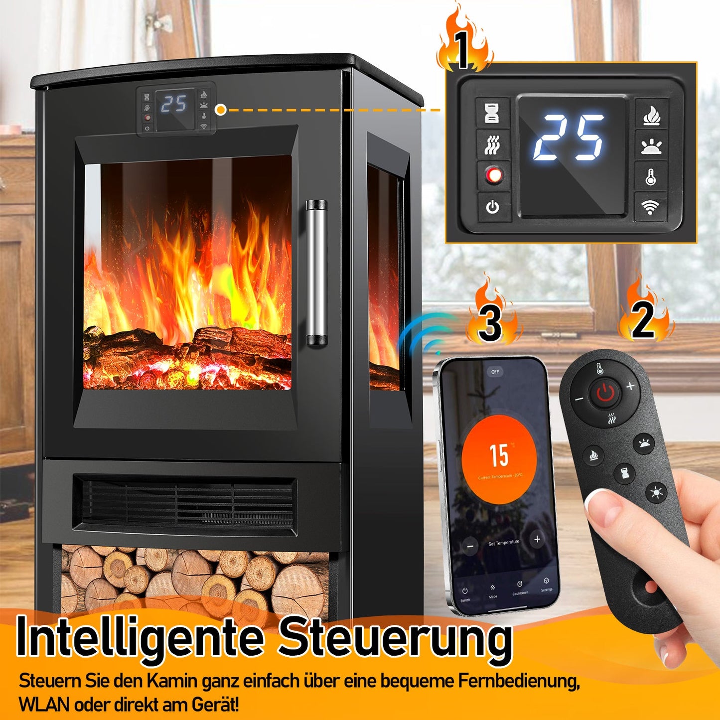 Elektrokamin mit LED Flammenm WiFi Fernbedienung 900W/1800W
