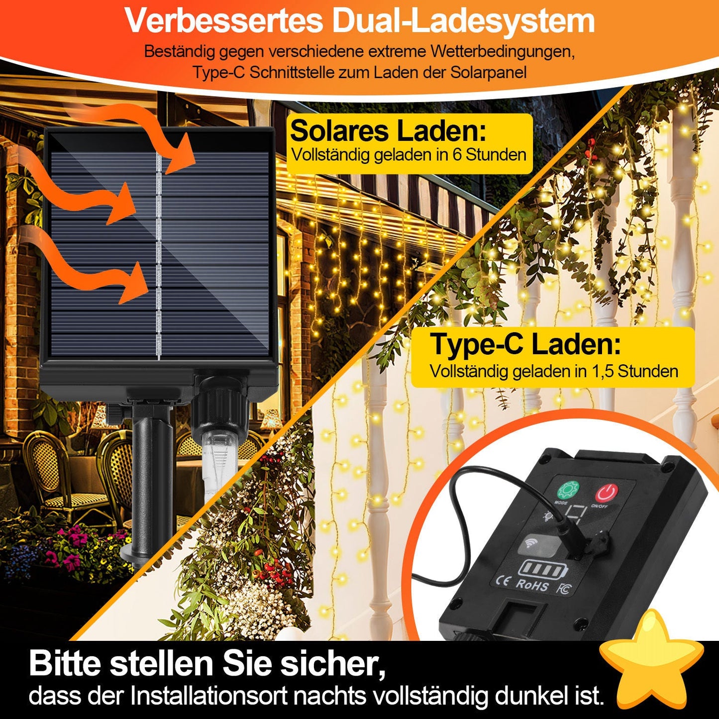 Solar Eisregen Lichterkette mit Fernbedienung 5m-15m