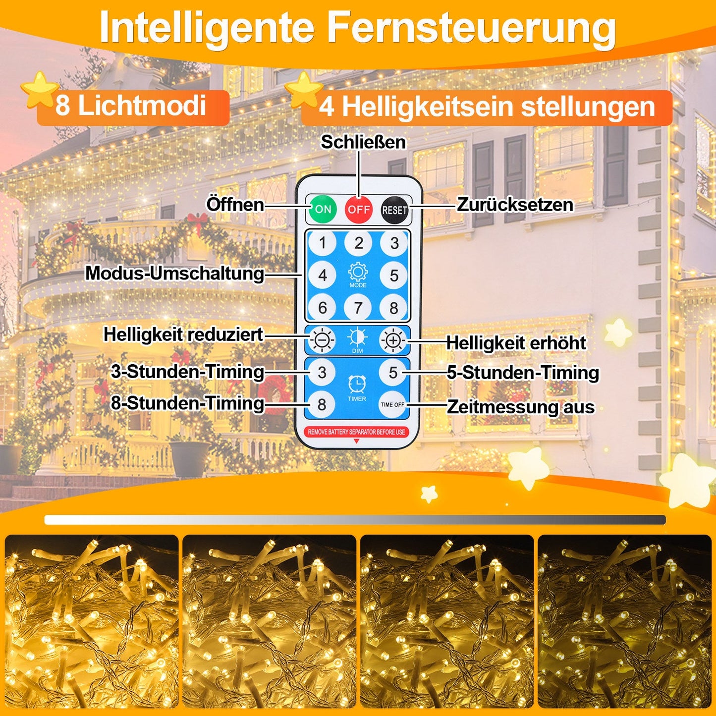 Solar Eisregen Lichterkette mit Fernbedienung 5m-15m