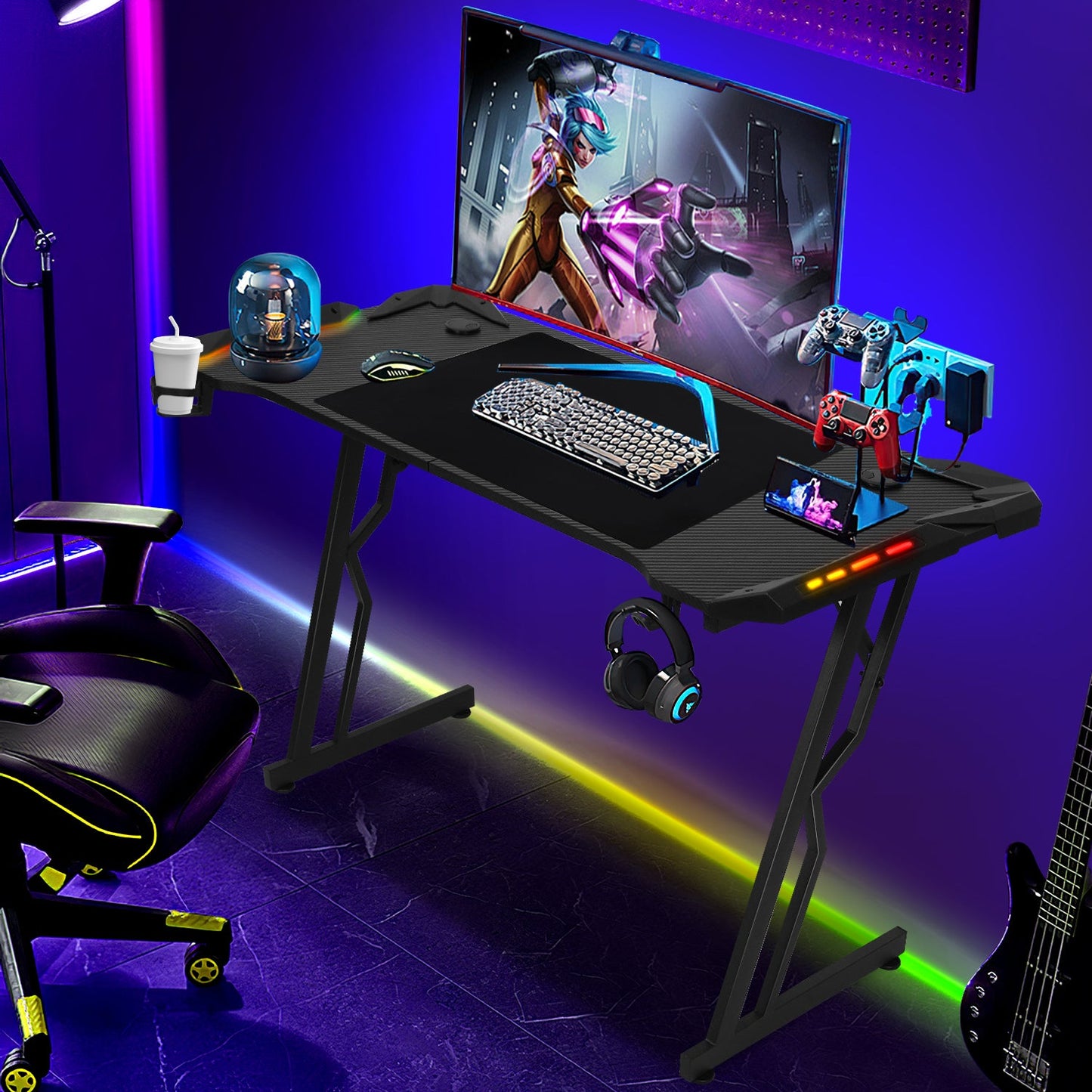 Gaming Schreibtisch Gaming Tisch 120/140cm mit LED Fernbedienung