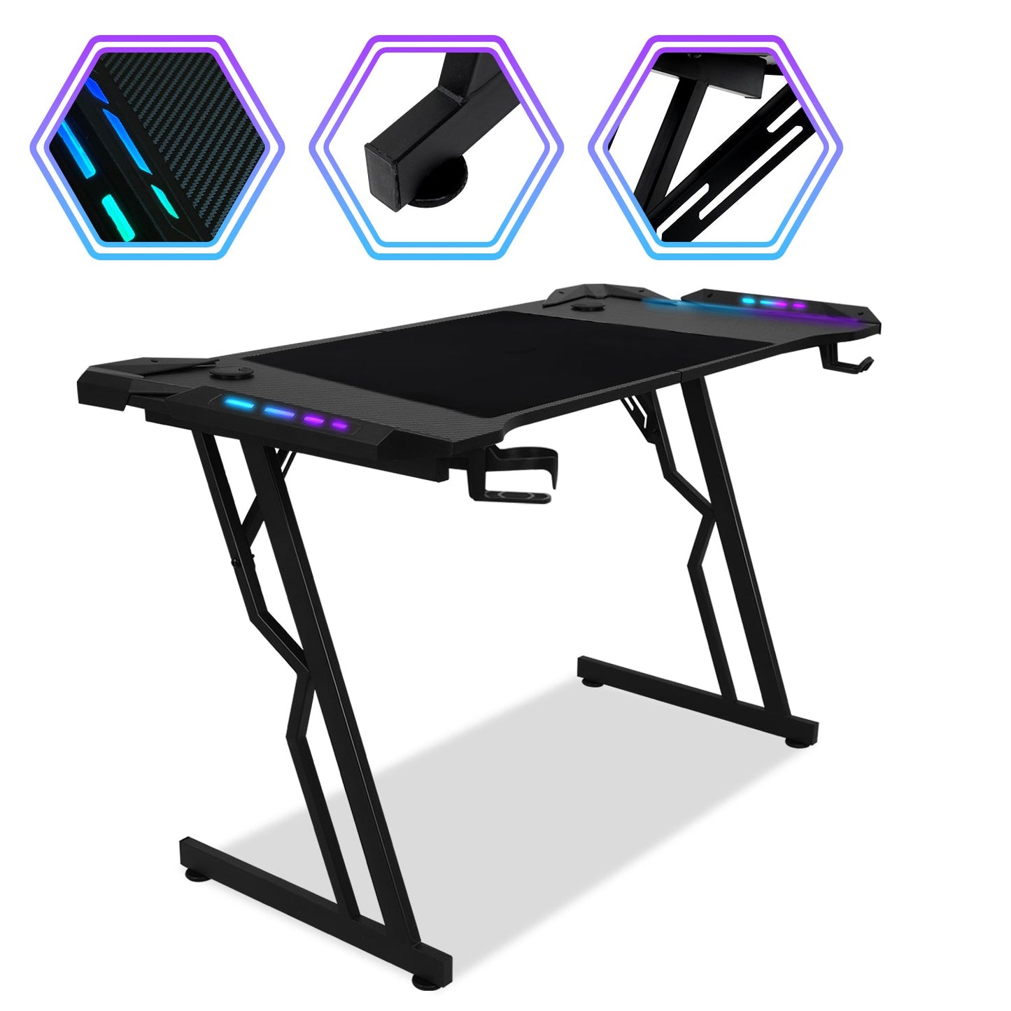 Gaming Schreibtisch 120/140 cm, Gaming Tisch mit LED, Computertisch