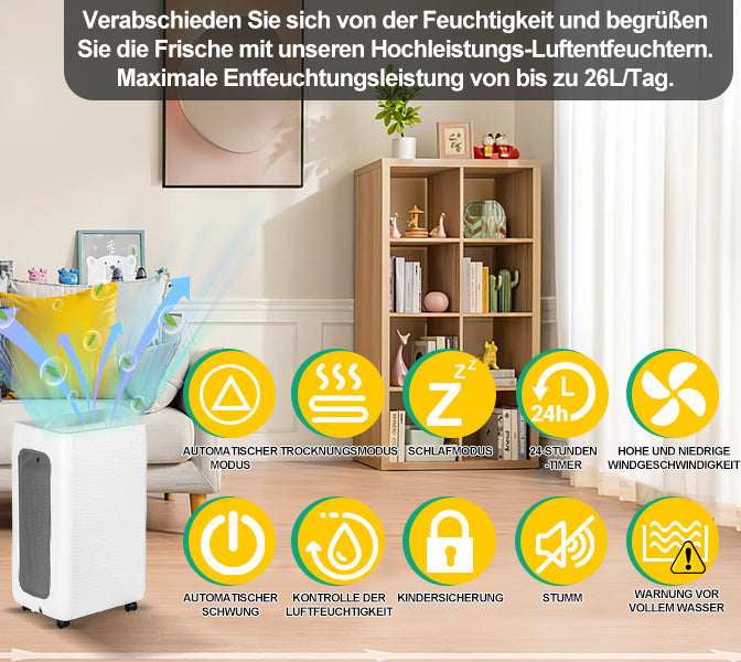 Luftentfeuchter 26L mit Timerfunktion, Wäschetrockungsfunktion, Abtaufunktion