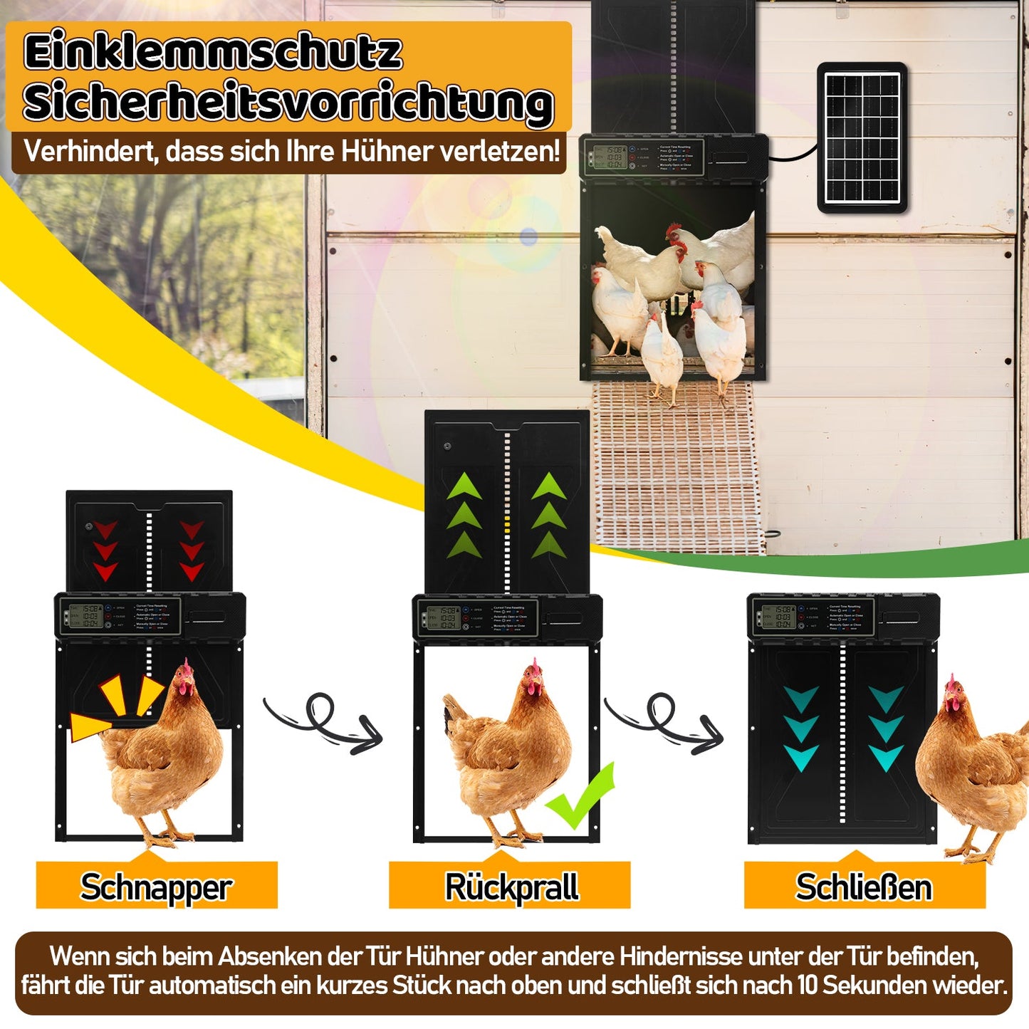 Elektrische Hühnerklappe Solar mit LED Display und Fernbedienung