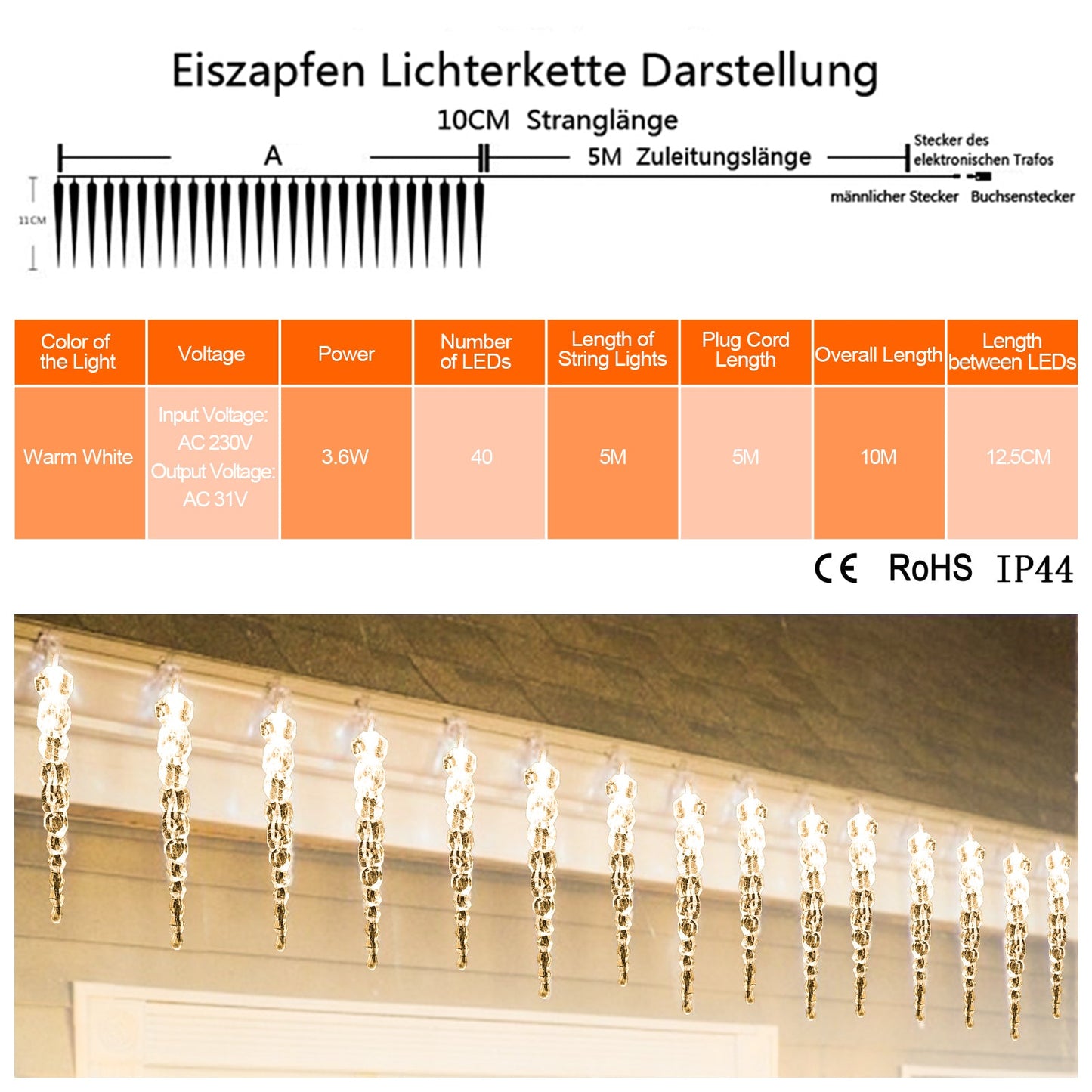 LED Eiszapfen Lichterkette 40 LEDs
