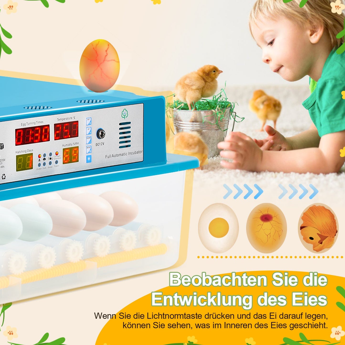 Brutautomat Vollautomatisch Inkubator für Hühner 64 Eier