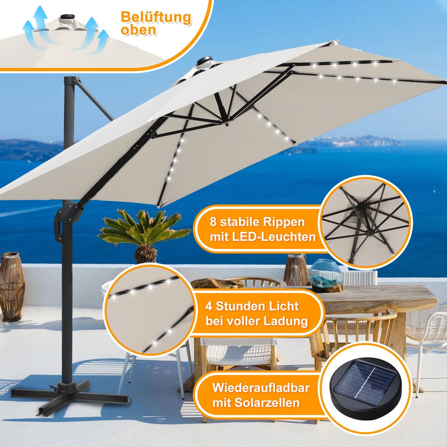 Ampelschirm 300 x 300 cm Sonnenschirm 360° Drehbar mit Solar-LED