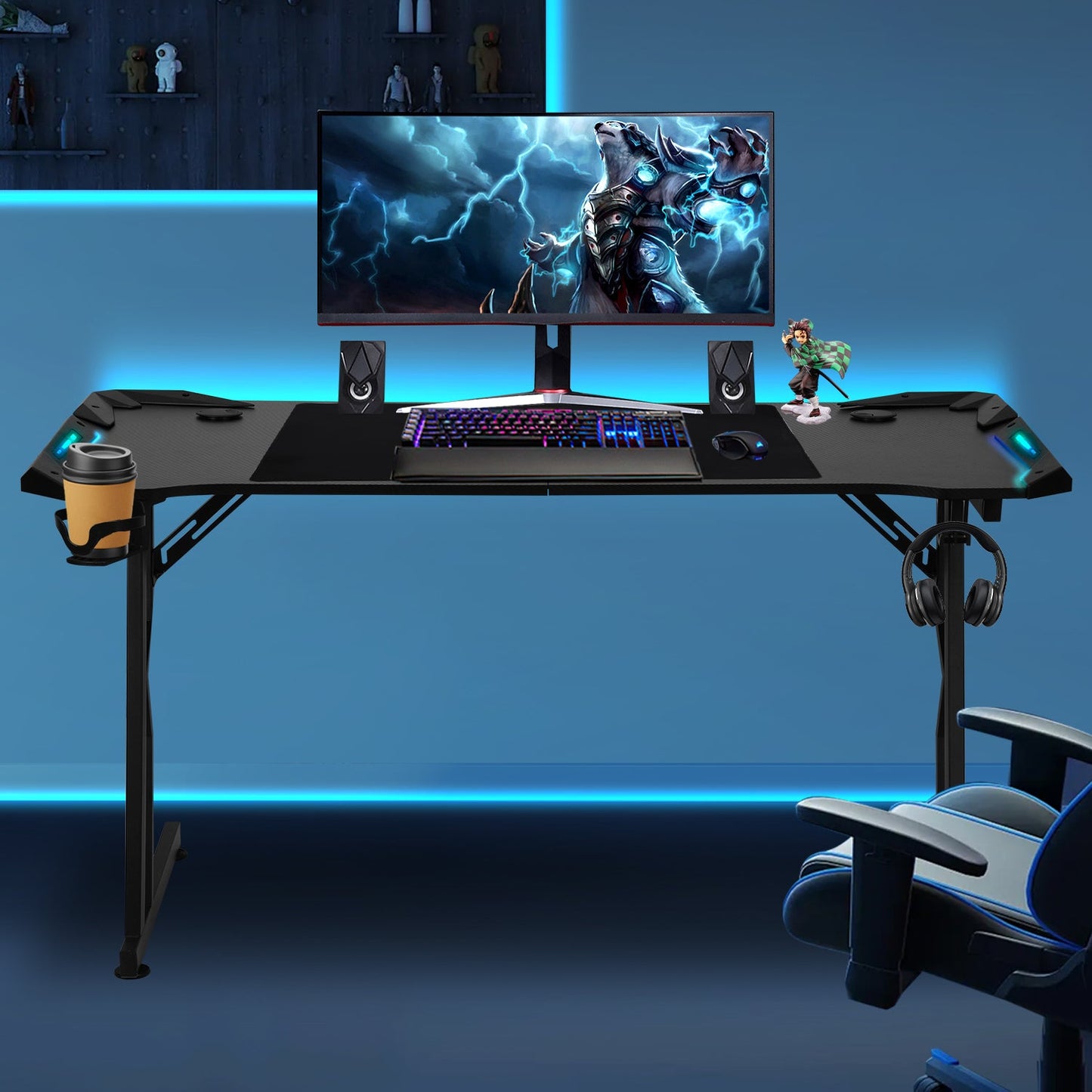 Gaming Schreibtisch 120/140 cm, Gaming Tisch mit LED, Computertisch