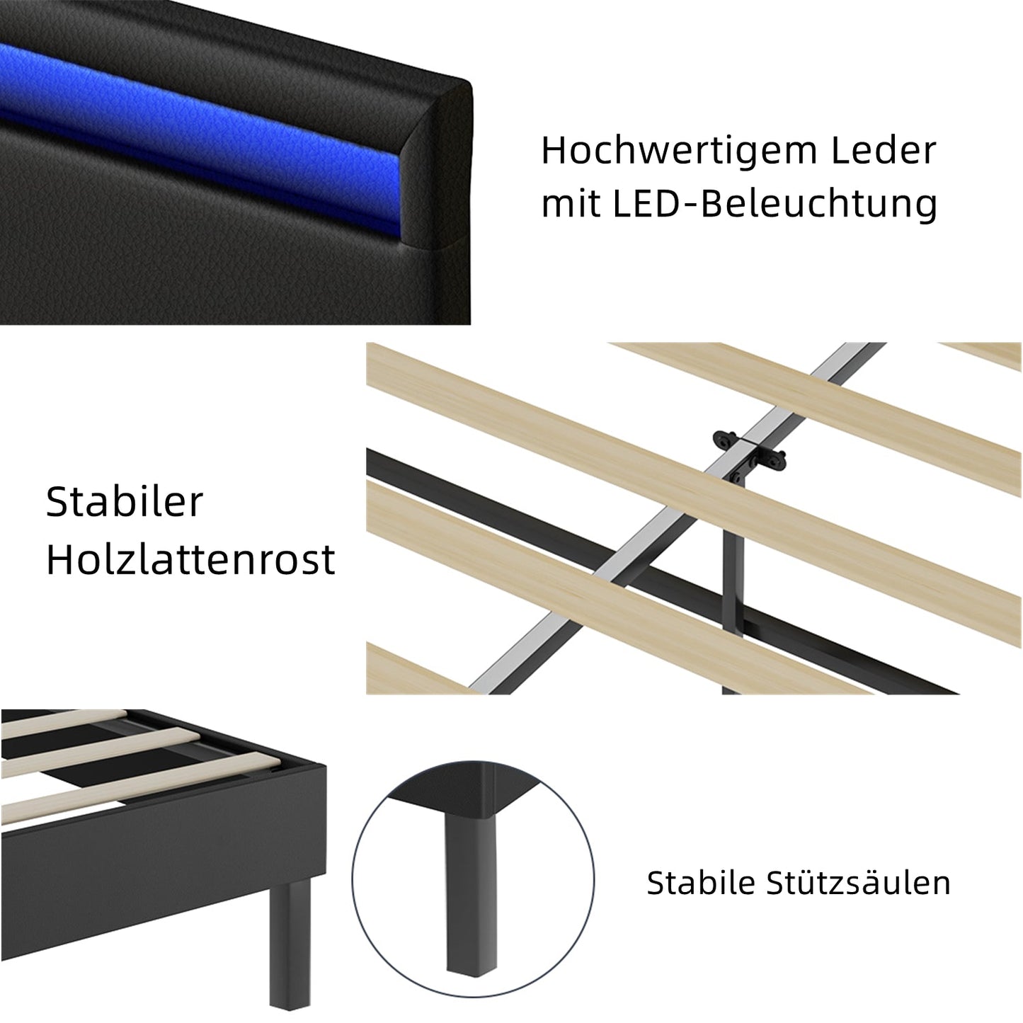 Polsterbett Bettgestell mit Kopfteil Leder LED-Beleuchtung