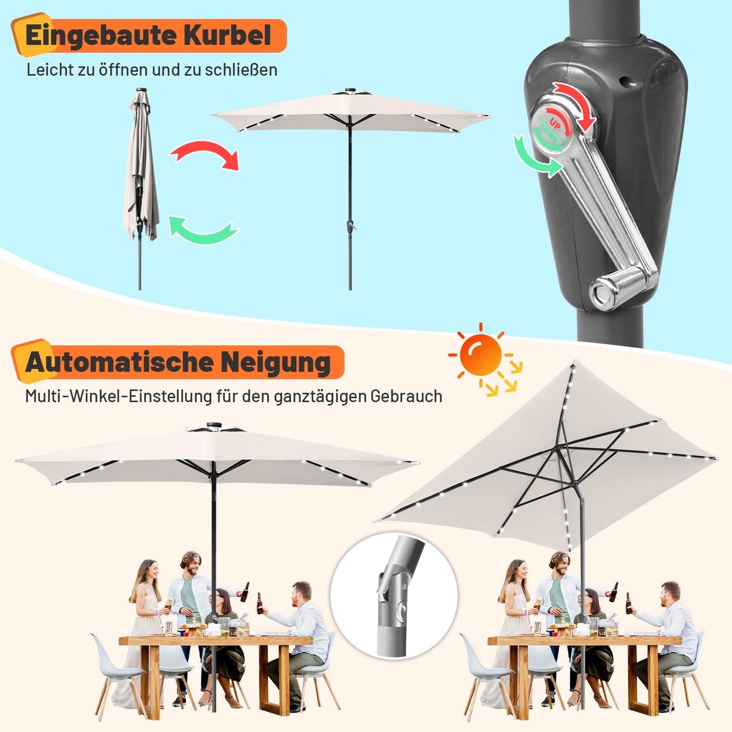 Sonnenschirm 210x140 / 300x200cm Rechteckig mit LED Solar