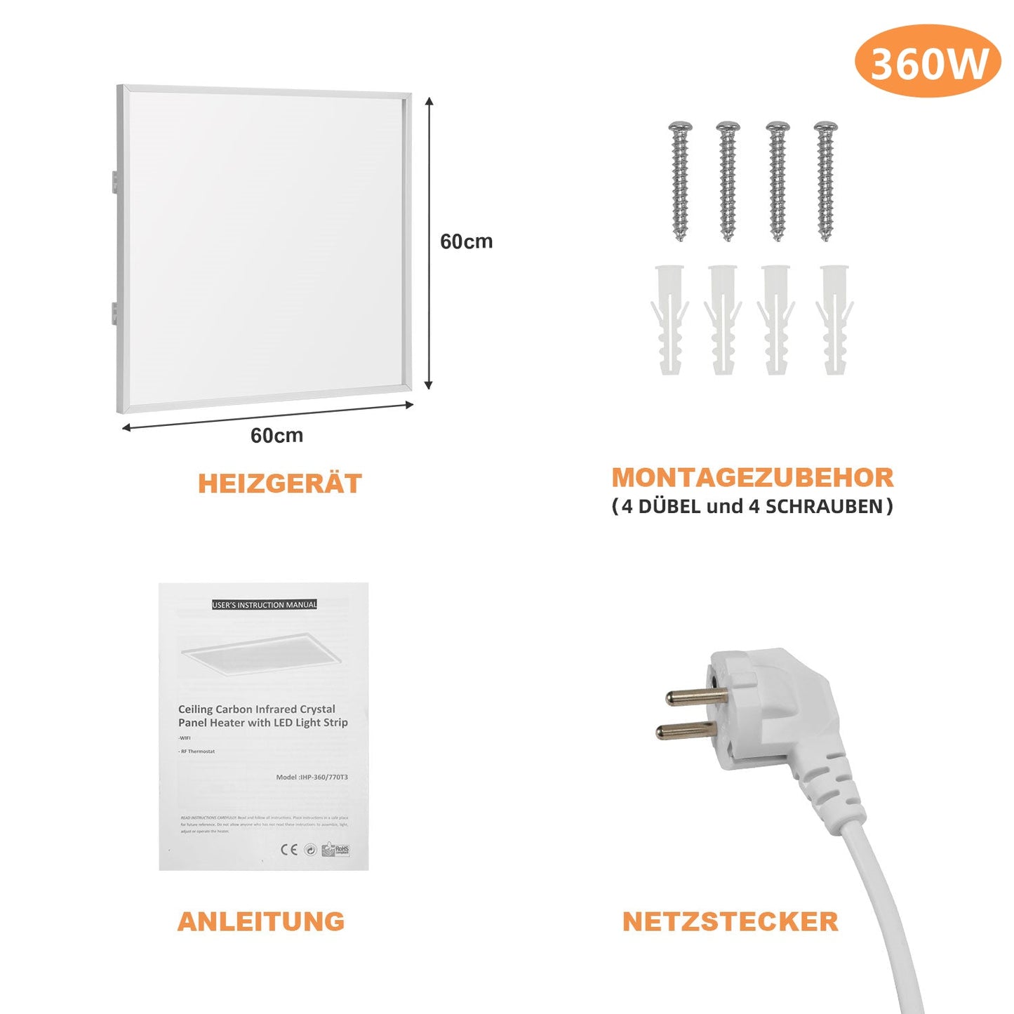 Infrarotheizung Elektroheizer Decke WIFI 360/770W
