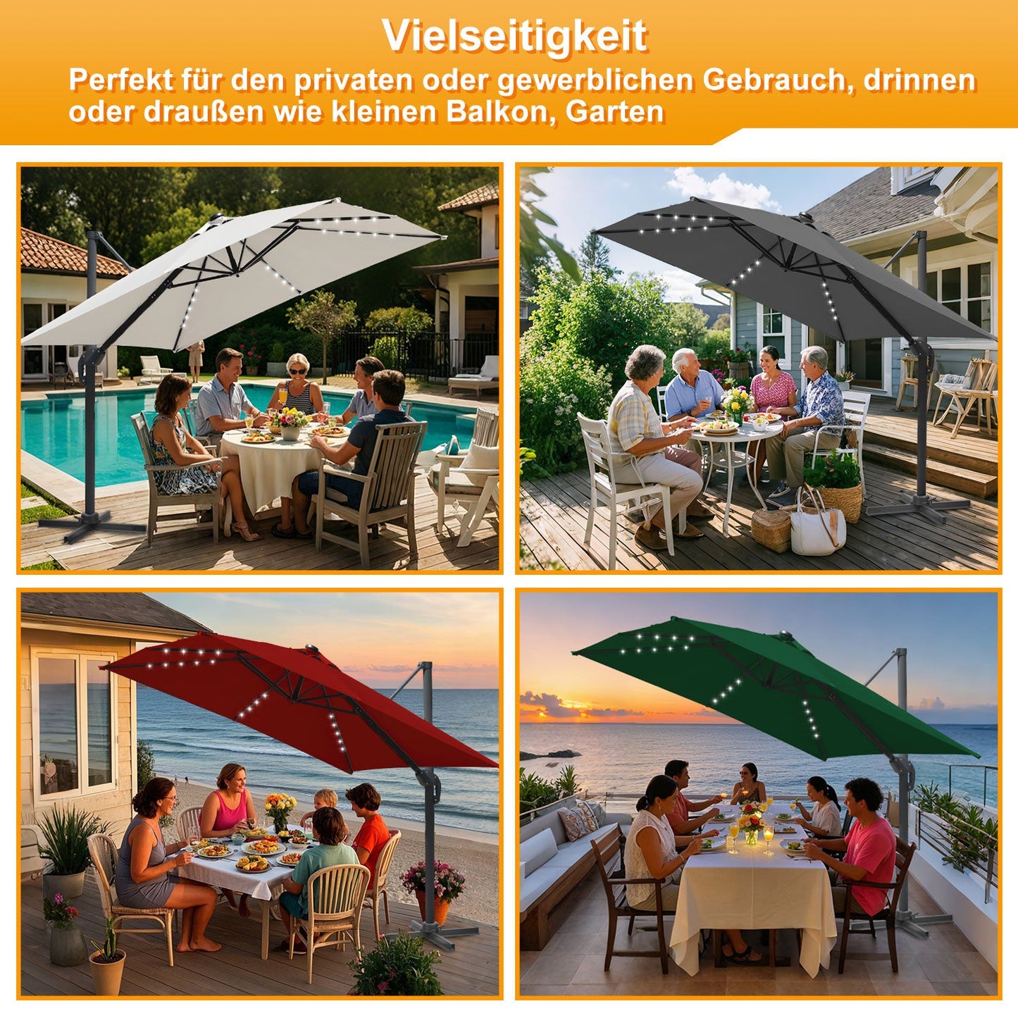 Ampelschirm 300 x 300 cm Sonnenschirm 360° Drehbar mit Solar-LED