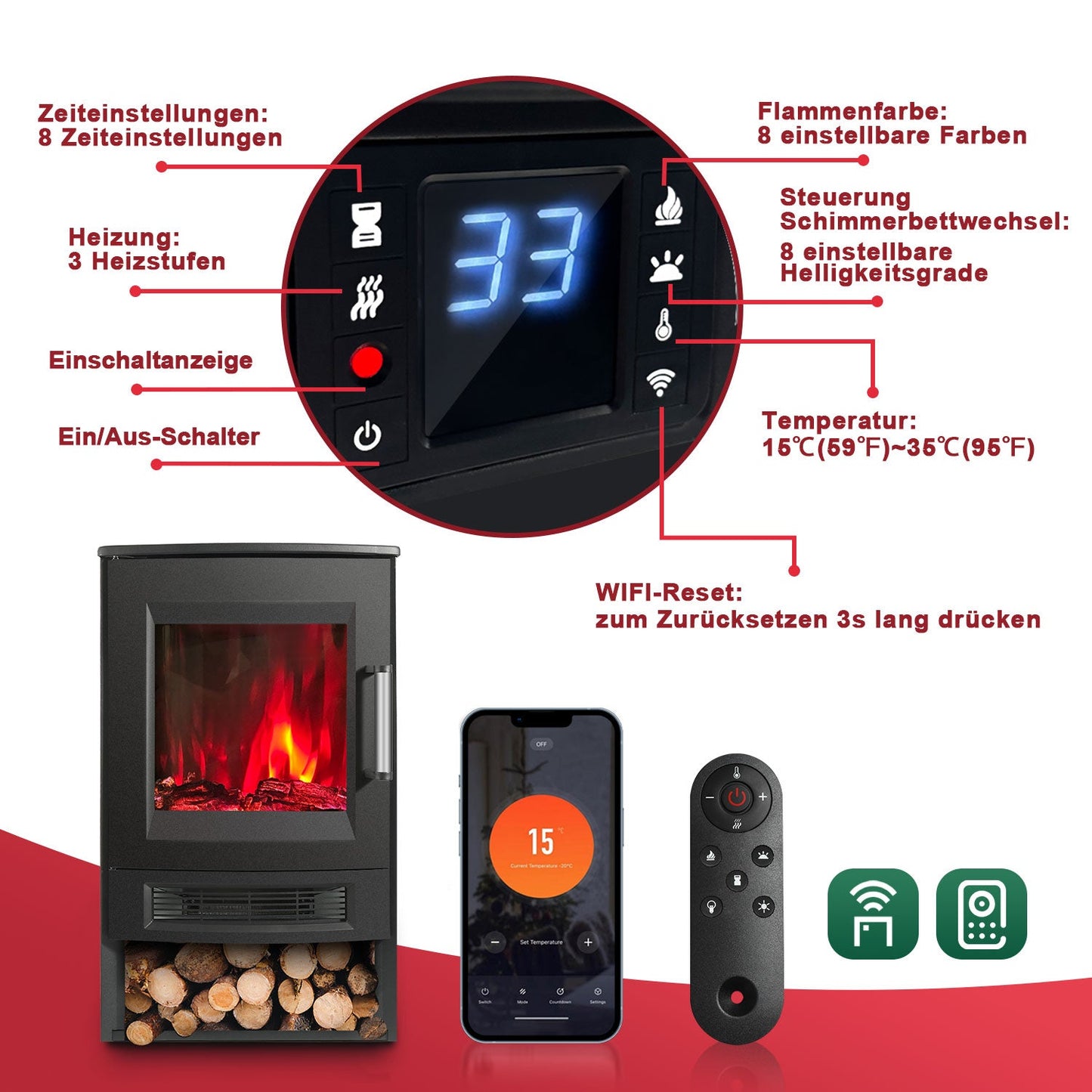 Elektrokamin mit LED Flammenm WiFi Fernbedienung 900W/1800W