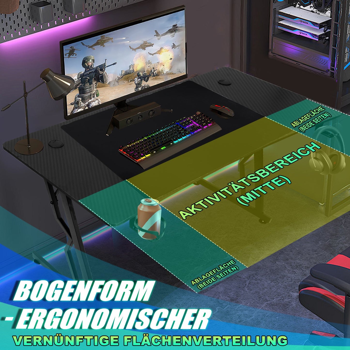 Gaming Schreibtisch 120/140 cm, Gaming Tisch mit LED, Computertisch