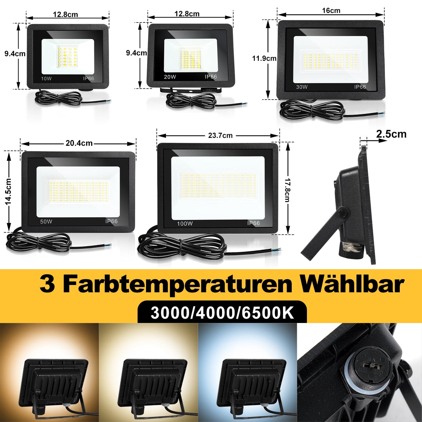 LED Strahler Außen 10W-100W 3 Farbtemperatur 3000/4000/6500K