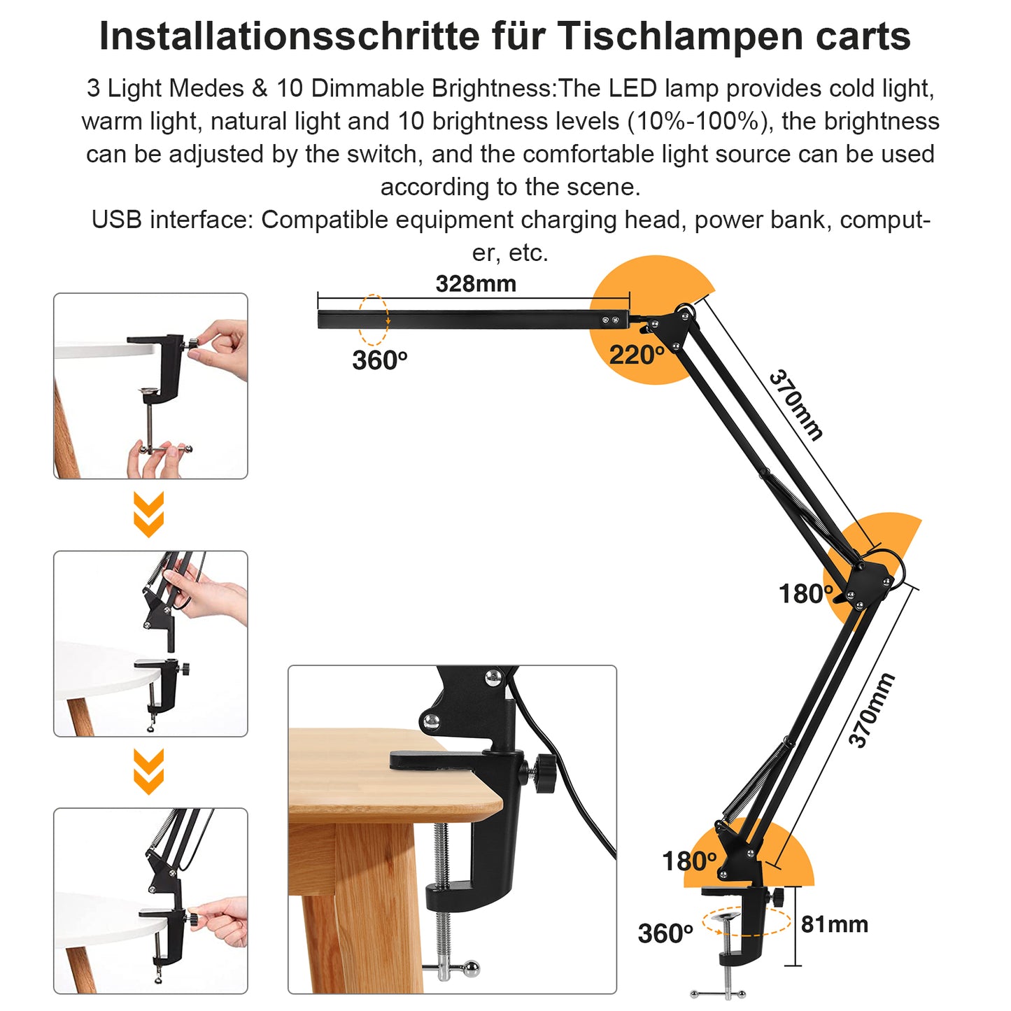 LED Schreibtischlampe, 10W Klemmleuchte, Dimmbar Tischlampe