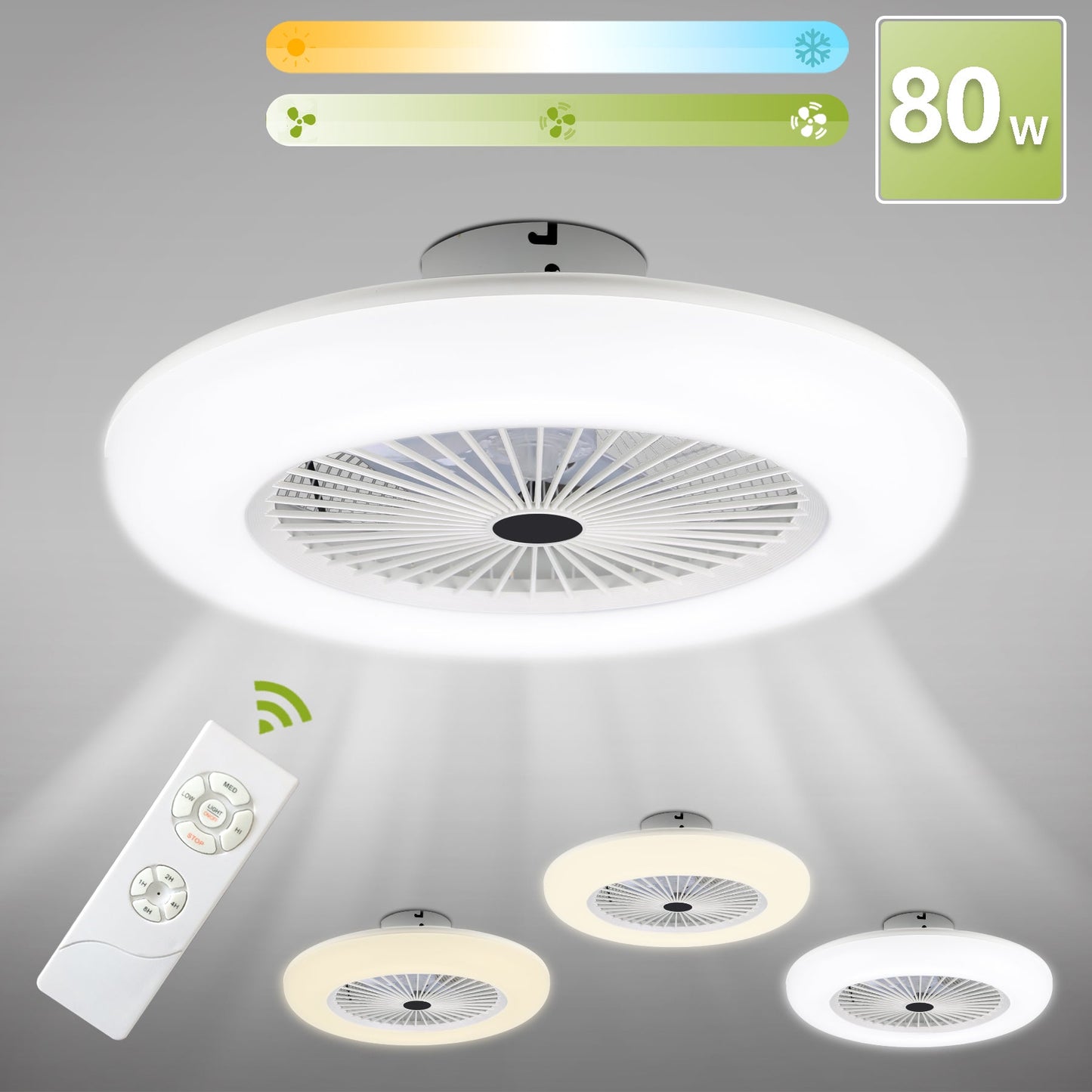 Deckenventilator Dimmbar Leiser Kühler Weiß Beleuchtung Ventilator Lampe 80W