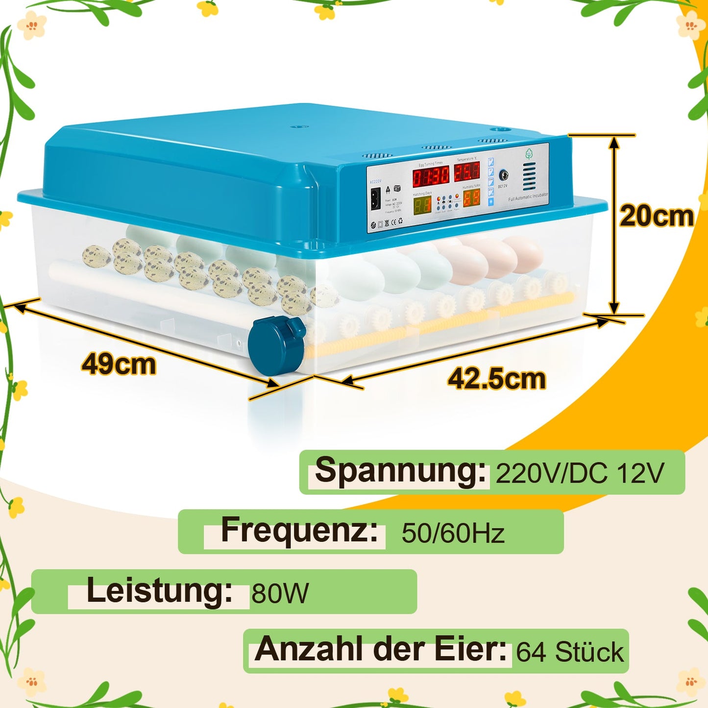 Brutautomat Vollautomatisch Inkubator für Hühner 64 Eier