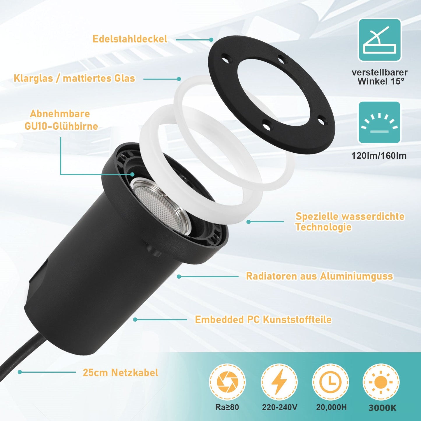 LED Bodeneinbaustrahler 3W Warmweiß mit Mattierten Ersatzlinsen