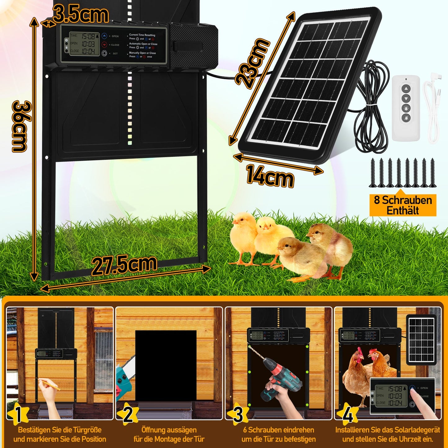 Elektrische Hühnerklappe Solar mit LED Display und Fernbedienung