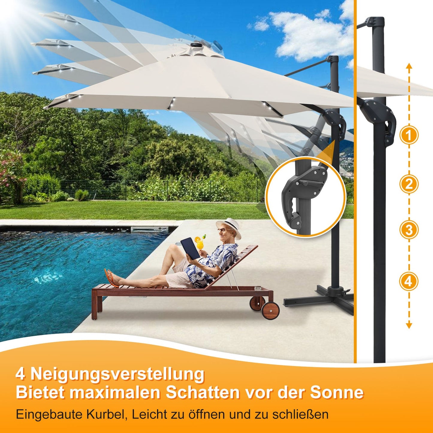 Ampelschirm 300 x 300 cm Sonnenschirm 360° Drehbar mit Solar-LED
