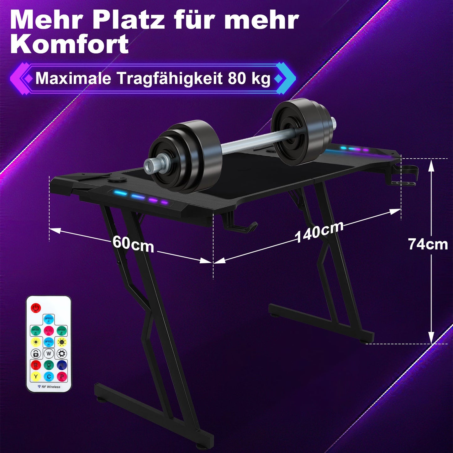 Gaming Schreibtisch Gaming Tisch 120/140cm mit LED Fernbedienung