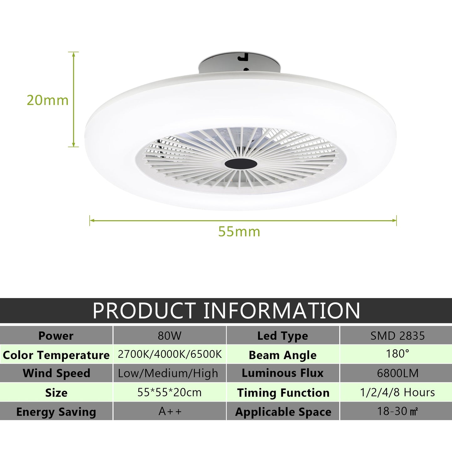 Deckenventilator Dimmbar Leiser Kühler Weiß Beleuchtung Ventilator Lampe 80W