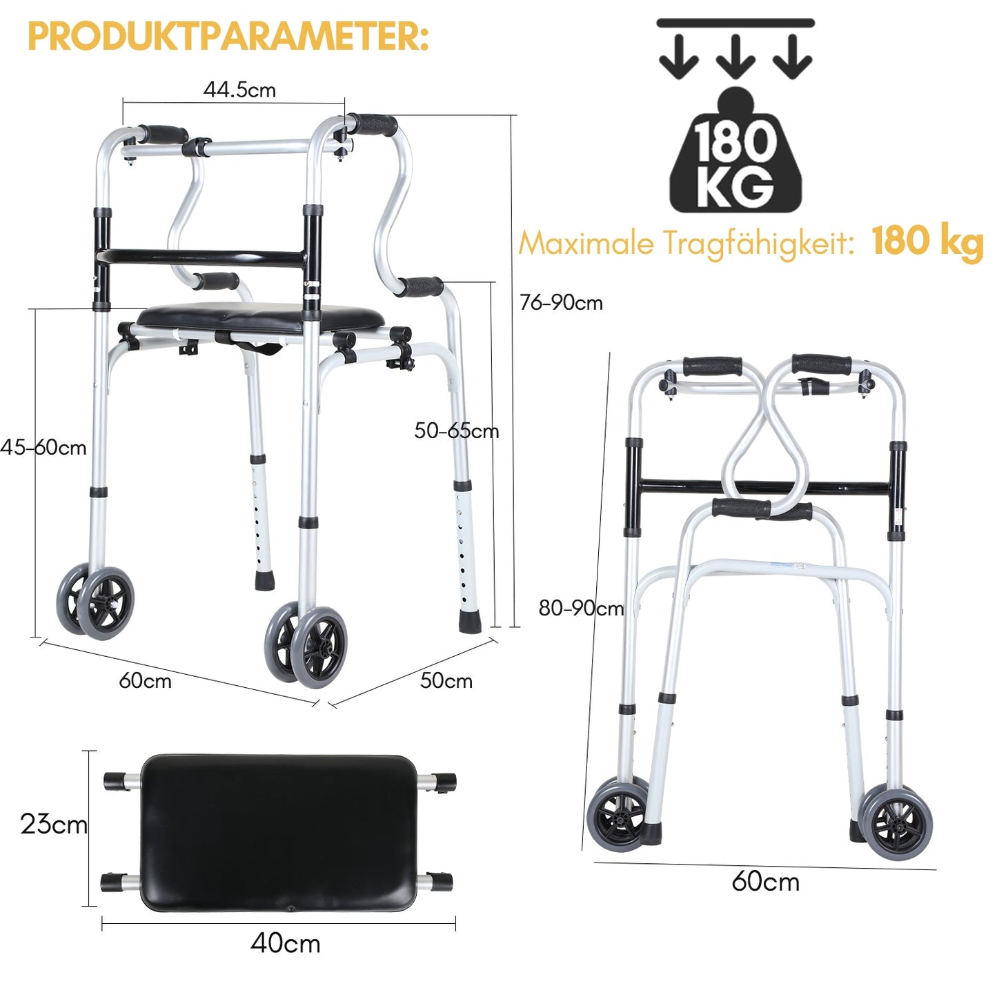 Gehhilfe Leicht Rollator aus Aluminium bis 180 kg