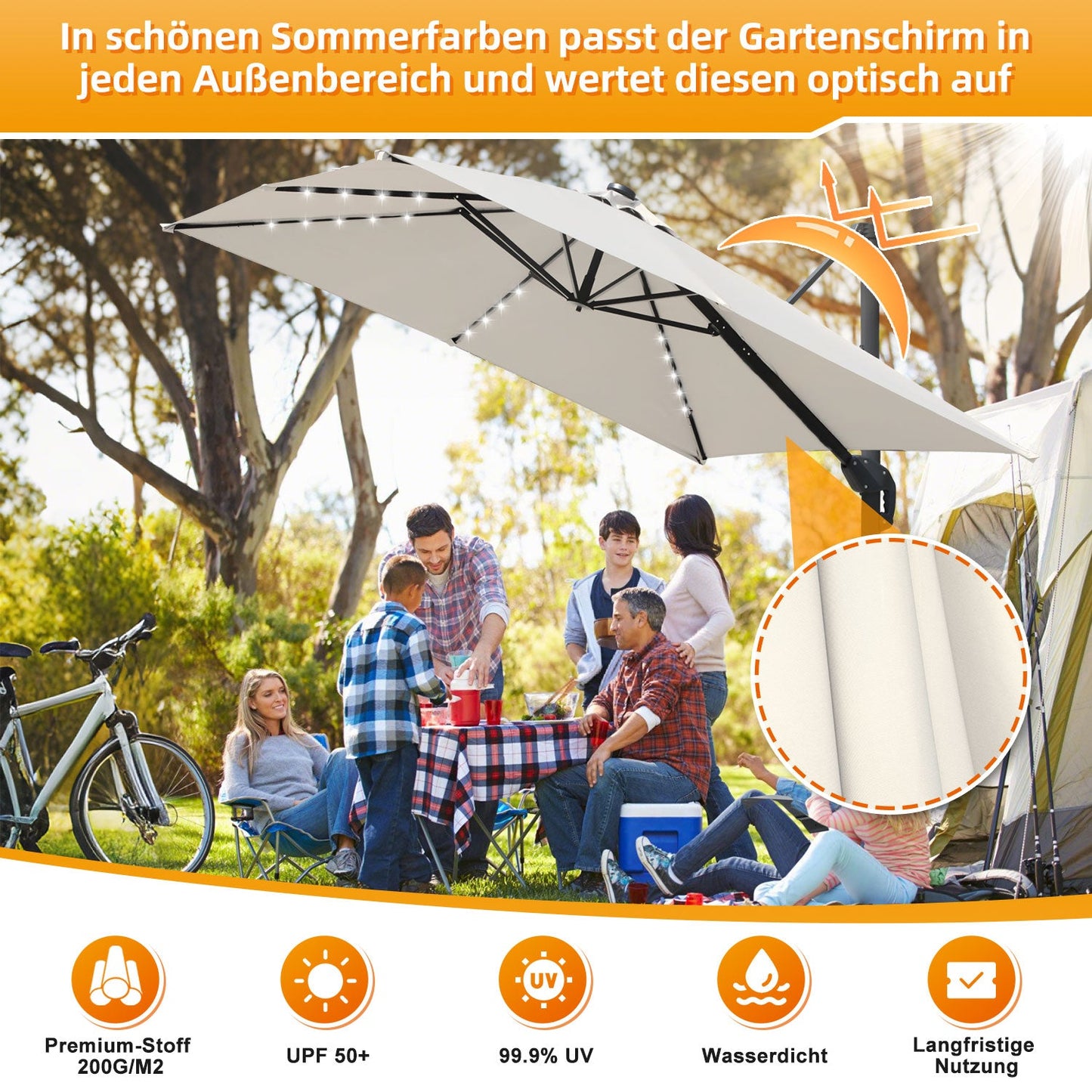Ampelschirm 300 x 300 cm Sonnenschirm 360° Drehbar mit Solar-LED